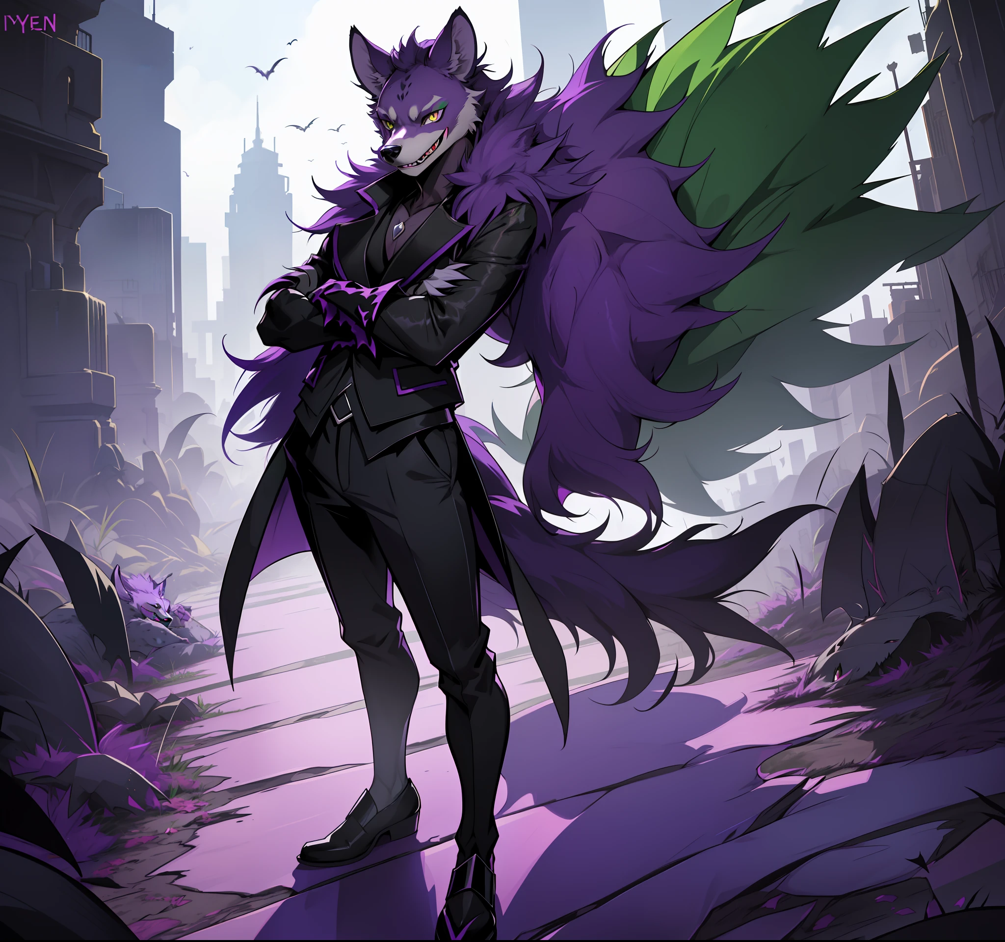 Joker turned into a Pokémon, with an evil smile, purple and green fur, and a long tail with a sharp tip. He stands on his hind legs with his arms crossed and is surrounded by a dark aura. ((Appearance of a hyena)) ((furry)) ((anthropomorphic)) ((sinister poison type))