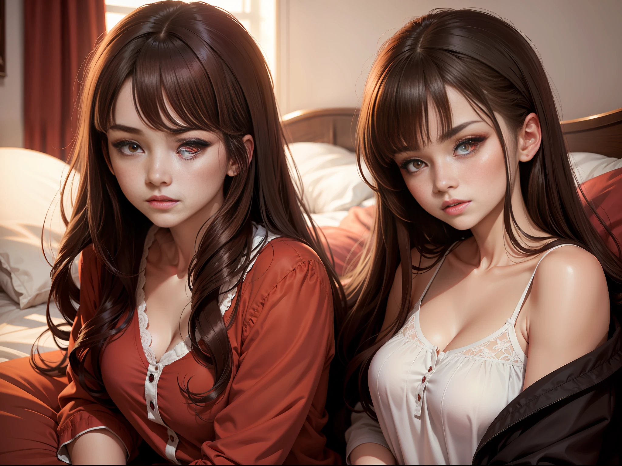 Brunette and red eyes, girl, looking at another person, bed, best picture quality, fine, anime