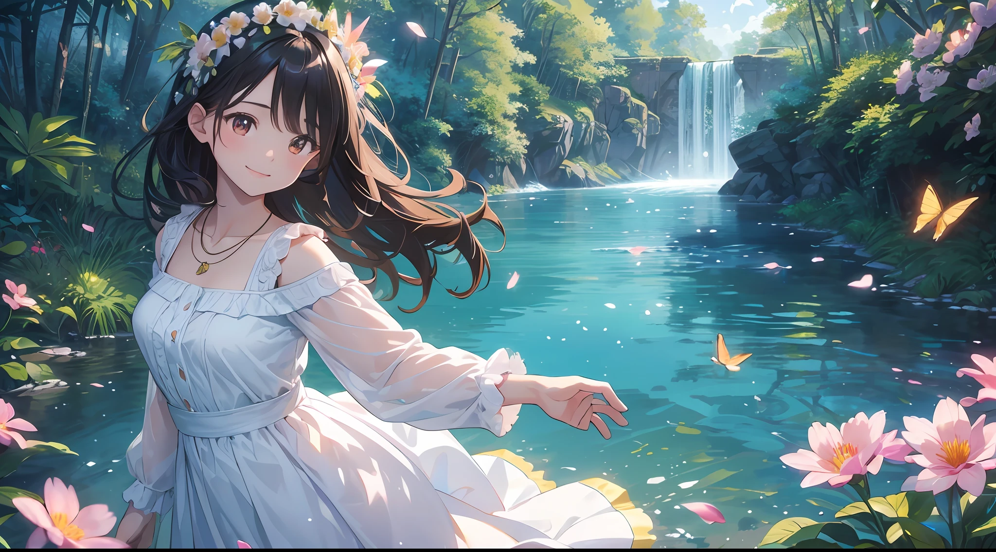((SFW))), Masterpiece, (High Quality), ((Photoreal)), (Cinematic Direction), (High Contrast), (Depth of Field: 1.3), (Award-winning Difference Photo: 1.1), (Face Detail), Detailed Drawing, There is a place in the forest where flowers bloom, Girl dancing in a snow-white summer dress in the flower field, Animals are jumping happily around the girl, Colorful little birds and butterflies flying around the girl, the girl is 11 years old, black hair very long hair, flower crown, full body figure, summer sky, summer clouds, summer dazzling sunlight, (flower garden), girl with open arms, dancing, necklace, smile, smile, happy, fun, girl looking up at the sky, deer, flapping duck, winged goose, hummingbird, European bulbul, kingfisher, European oruri, Butterfly, dazzling halo light, (dazzling glow: .1.4, (glow: 1.3), backlit, (colorful petals soaring in the wind: 1.4), strong wind