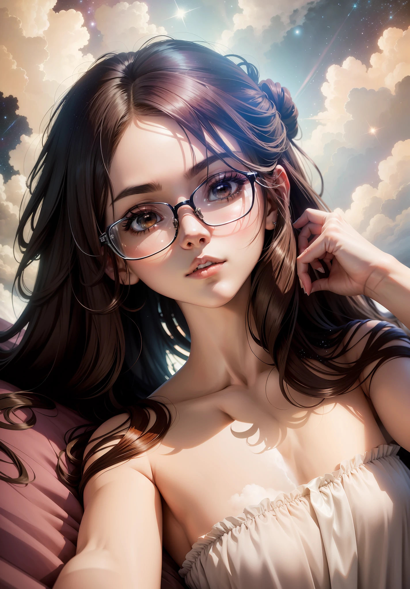 (anime models), (Through the Clouds), (glasses), (Complex), (Super Detail), (Starry room background ), (Stout Limbs), (bed room), (Ultra Clear), (Best Quality) --auto --v 6 --s2