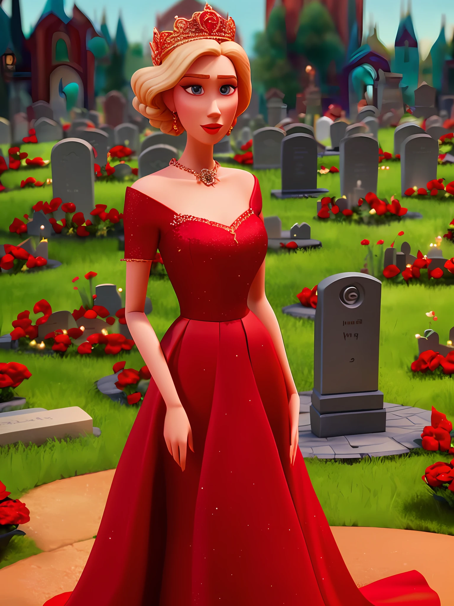Beautiful blonde woman, long red dress, queen, graveyard, (pixar style) (masterpiece:1.2) (bokeh) (best quality) (detailed skin) (detailed texture) (8k) (claymation) (cinematic lighting) (sharp focus)