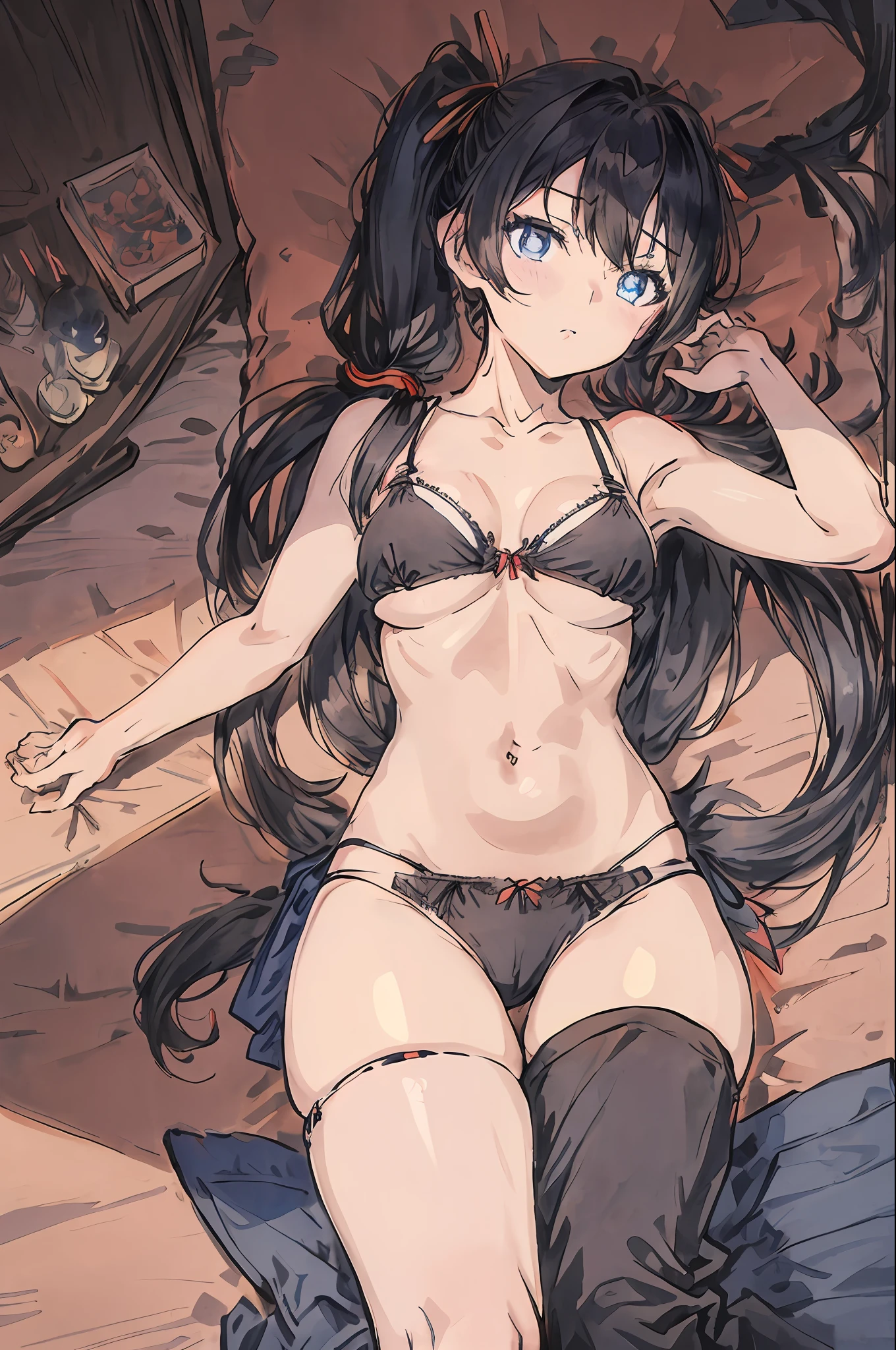 tsuna anime art picture anime body and big pic big tits 1girl, solo, underwear, bra, panties, black hair, on back, navel, lying, blue eyes, twintails, thighhighs, looking at viewer, stomach, long hair, multi-strapped panties, breasts, black panties, black bra, bare shoulders, string panties