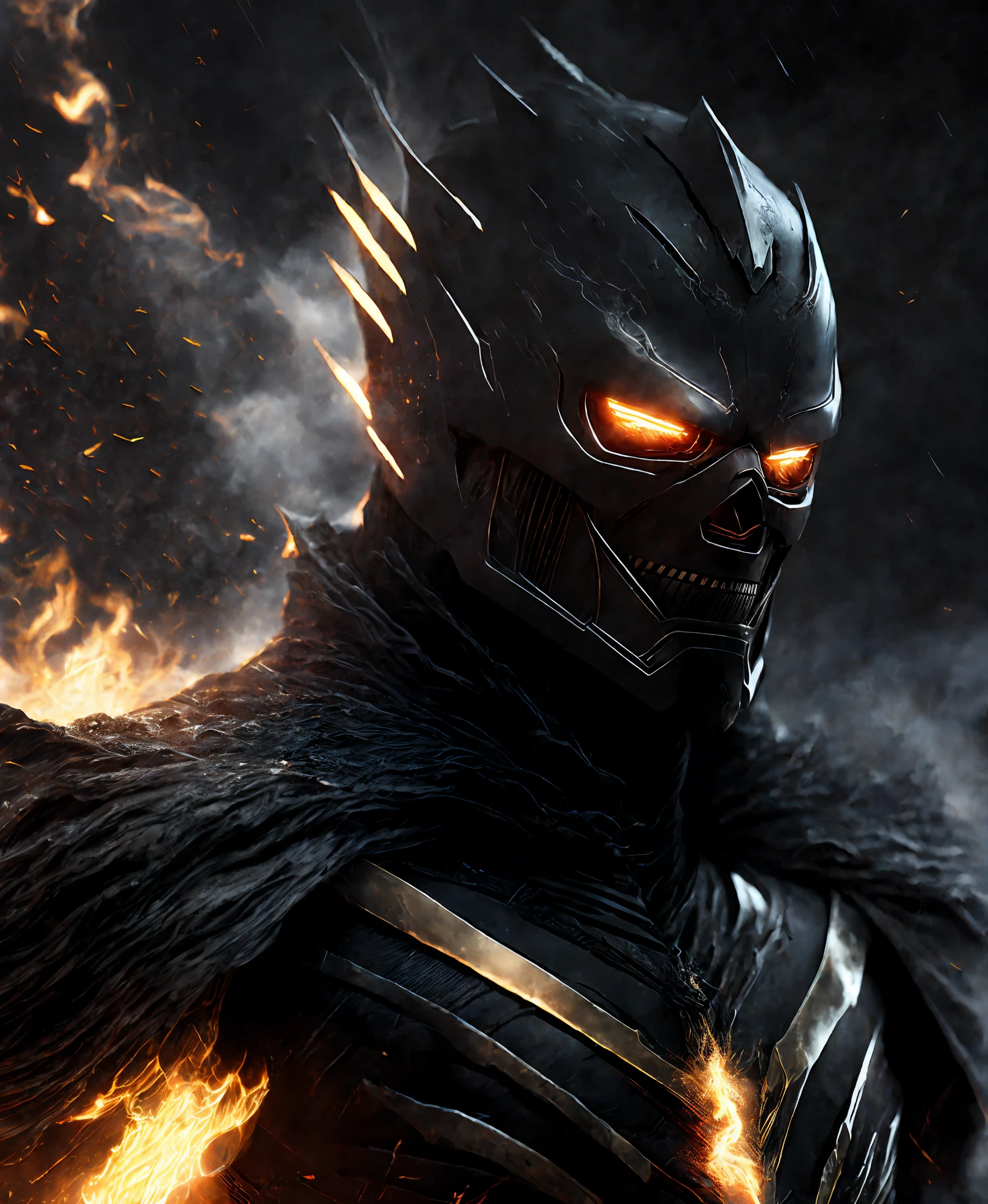 Close-up (Ghost Rider Flash from DC in Viking style: 1.3) emerging from wet black mud, extremely detailed, smoke, sparks, metal shavings, flying debris, volumetric light