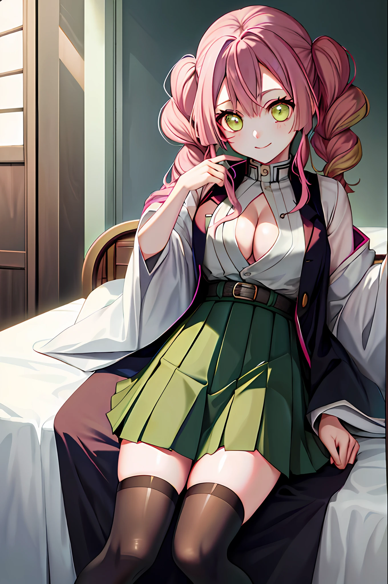 masterpiece, best quality, ultra-detailed, Potrait of beautiful MitsuruDS, solo, demon_slayer_uniform, smile, long_sleeves, looking_at_viewer, japanese_clothes, breasts, haori, cleavage, closed_mouth, jacket, large_breasts, open_clothes, skirt, belt, black_skirt, pleated_skirt, thighhighs, green_thighhighs, zettai_ryouiki, volumetric lighting, best quality, masterpiece, intricate details, tonemapping, sharp focus, hyper detailed, trending on Artstation, pink hair with greeb bottom hair, pink hair, greeb bottom hair, kimetsu no yaiba,