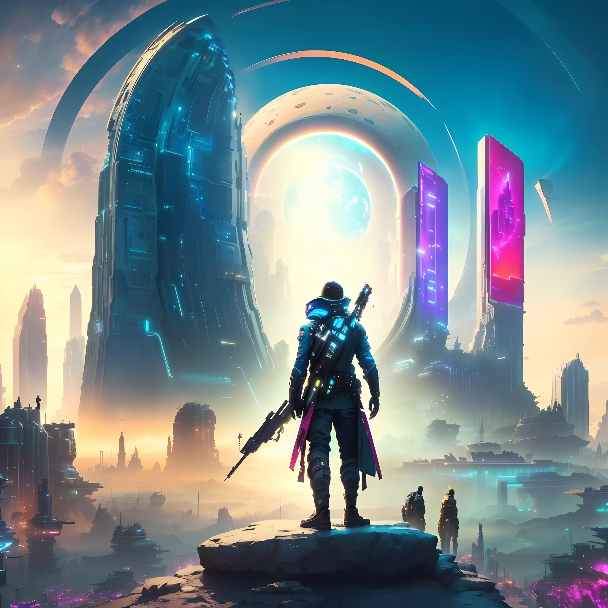 a man standing on top of a rock in front of a futuristic city, greg beeple, paul lehr and beeple, arstation and beeple highly, artgem and beeple masterpiece, in front of a sci fi cityscape, in style of beeple, beeple artwork, scifi cyberpunk, beeple masterpiece