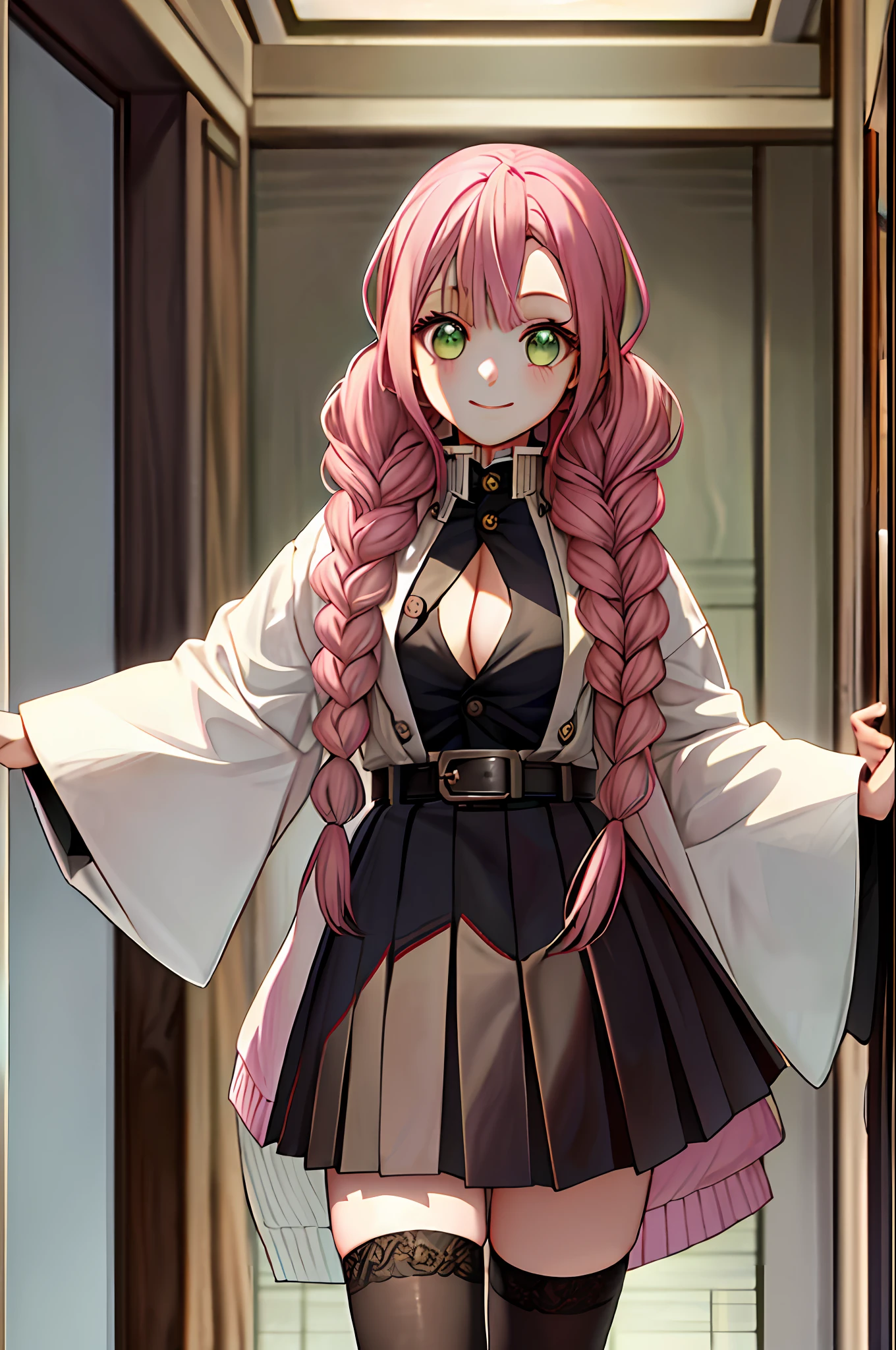 masterpiece, best quality, ultra-detailed, Potrait of beautiful MitsuruDS, solo, demon_slayer_uniform, smile, long_sleeves, looking_at_viewer, japanese_clothes, breasts, haori, cleavage, closed_mouth, jacket, large_breasts, open_clothes, skirt, belt, black_skirt, pleated_skirt, thighhighs, green_thighhighs, zettai_ryouiki, volumetric lighting, best quality, masterpiece, intricate details, tonemapping, sharp focus, hyper detailed, trending on Artstation, pink hair with greeb bottom hair, pink hair, greeb bottom hair, kimetsu no yaiba,