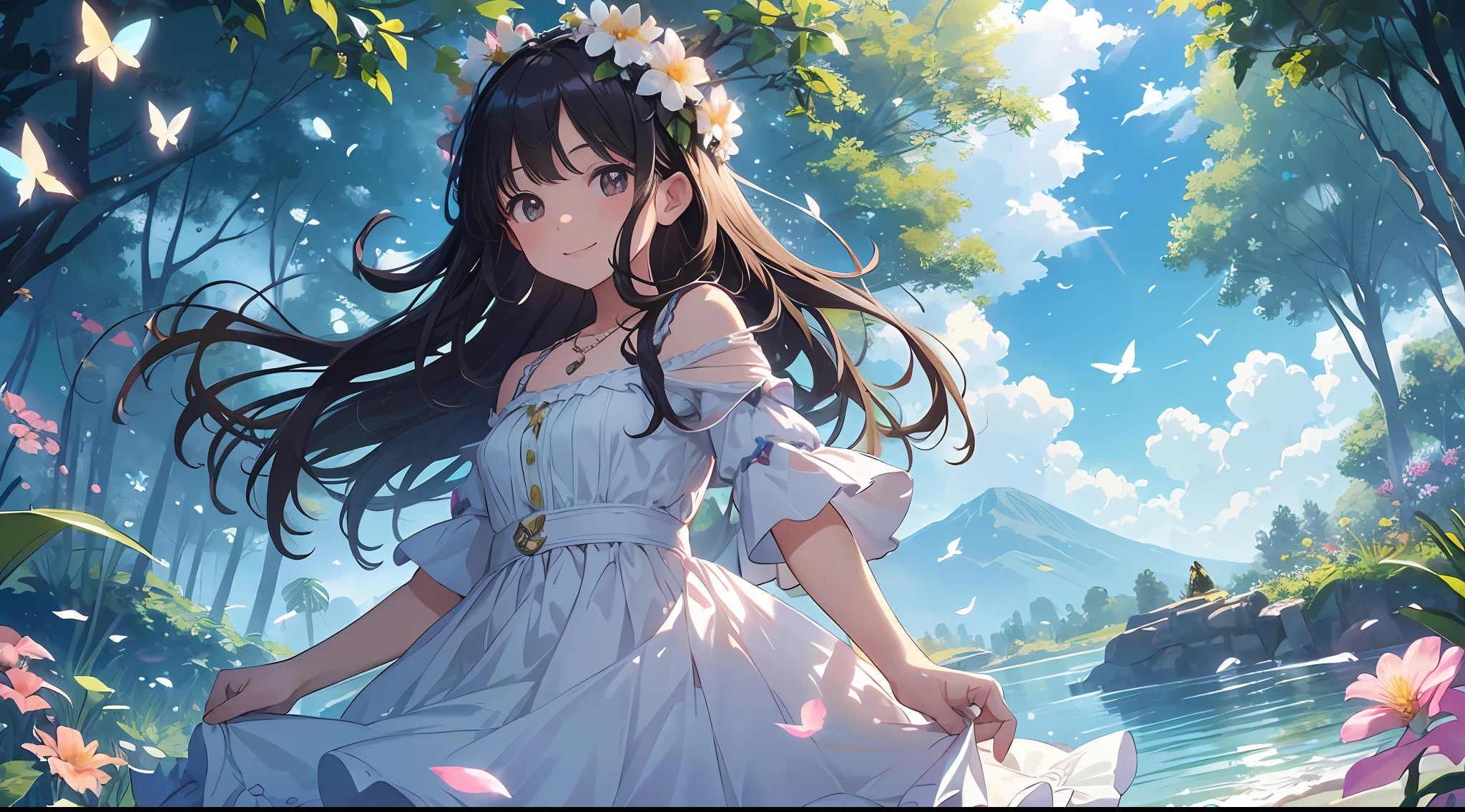 ((SFW))), Masterpiece, (High Quality), ((Photoreal)), (Cinematic Direction), (High Contrast), (Depth of Field: 1.3), (Award-winning Difference Photo: 1.1), (Face Detail), Detailed Drawing, There is a place in the forest where flowers bloom, Girl dancing in a snow-white summer dress in the flower field, Animals are jumping happily around the girl, Colorful little birds and butterflies flying around the girl, the girl is , black hair very long hair, flower crown, full body figure, summer sky, summer clouds, summer dazzling sunlight, (flower garden), girl with open arms, dancing, necklace, smile, smile, happy, fun, girl looking up at the sky, deer, flapping duck, winged goose, hummingbird, European bulbul, kingfisher, European oruri, Butterfly, dazzling halo light, (dazzling glow: .1.4, (glow: 1.3), backlit, (colorful petals soaring in the wind: 1.4), strong wind