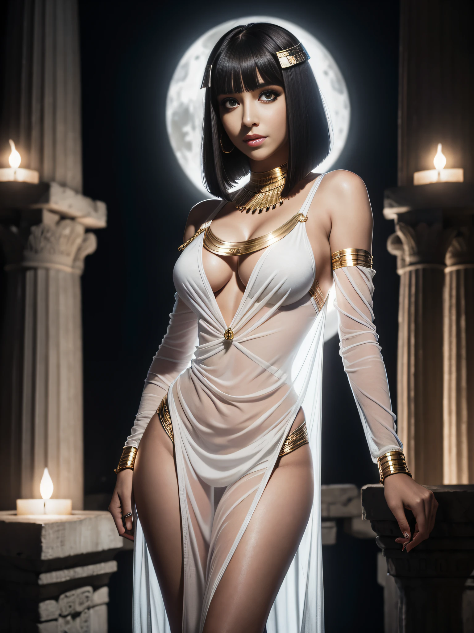 Cleopatra, bob haircut, ((white transparent tunic)), revealing outfit, black hair, big boobs, sexy, Greek temple, night, torchlight, realistic, ultrahd
