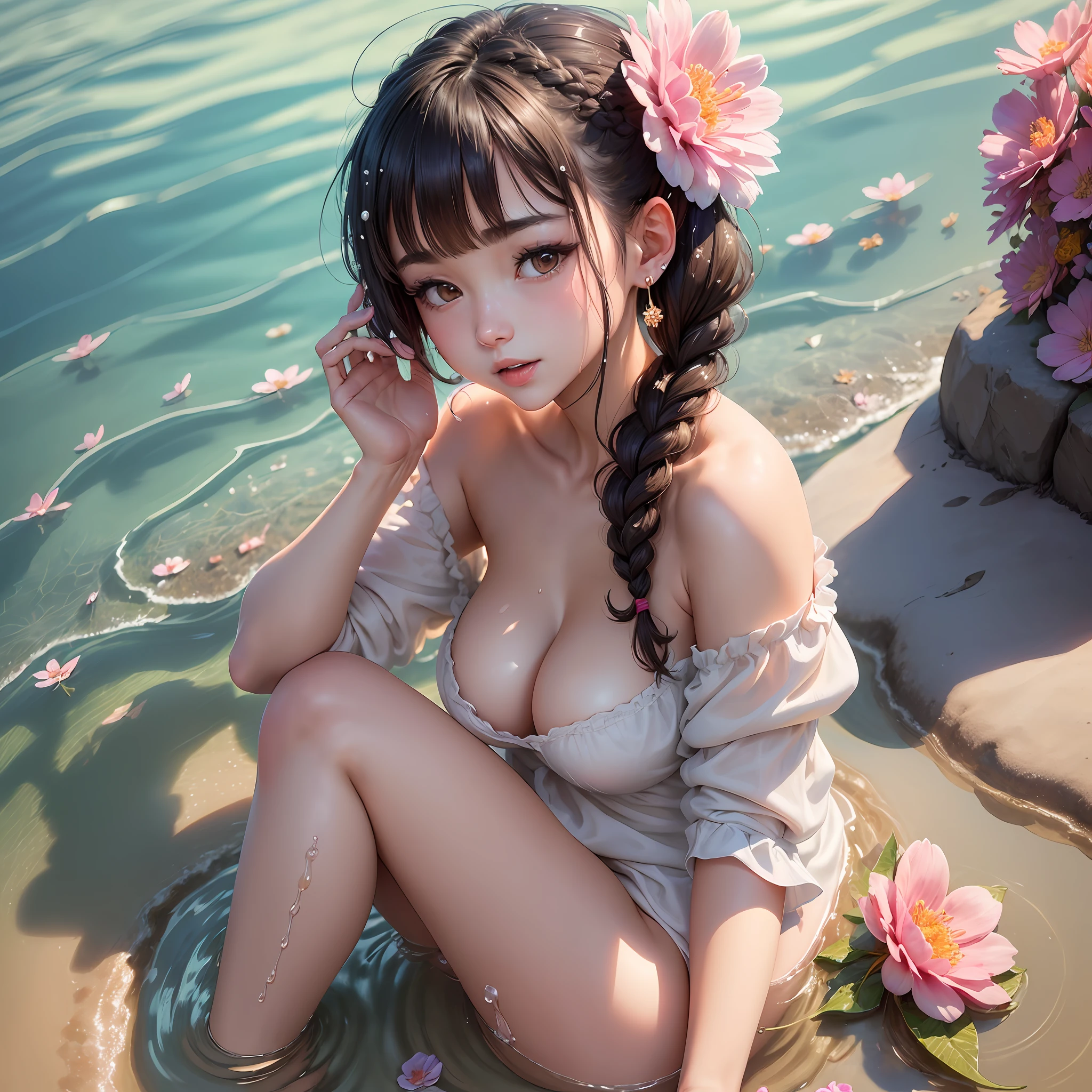 Best Quality, Ultra High Resolution, (Realism: 1.3), NSFW, POV, (Solo: 1.1), (1girl: 1.1), (Hanfugirl: 1.4), , (NSFW: 1.4641), (Nude: 1.4641), (Open Clothes: 1.1), (Doggy Style: 1.331), (Happy, (Without Panties: 1.4), (Off-the-Shoulder: 1.1), (Looking at the Audience: 1.331) , (Big breast: 1.61), (Nipples: 1.4641), Hanfugirl, Brunette hair, Blunt bangs, split bangs, High ponytail, Half bun, (Crown braid: 1.21), Braids, Earrings, (Semi-nude Han: 1.414), (Split lips: 1.1), (Eyelashes: 1.1), (Happy:1.21), (Depth of field: 1.1), Lens flare, (Chroma Aberration:1.1), ( Caustics:1.1), in summer, (water:1.331), (water splash:1.21), branching, (Beautiful Detail Sky: 1.331), (Flowers on liquid: 1.331), (Scattered glowing petals: 1.331), Ulzzang-6500, (Keta-31500:0.75) --auto --s2