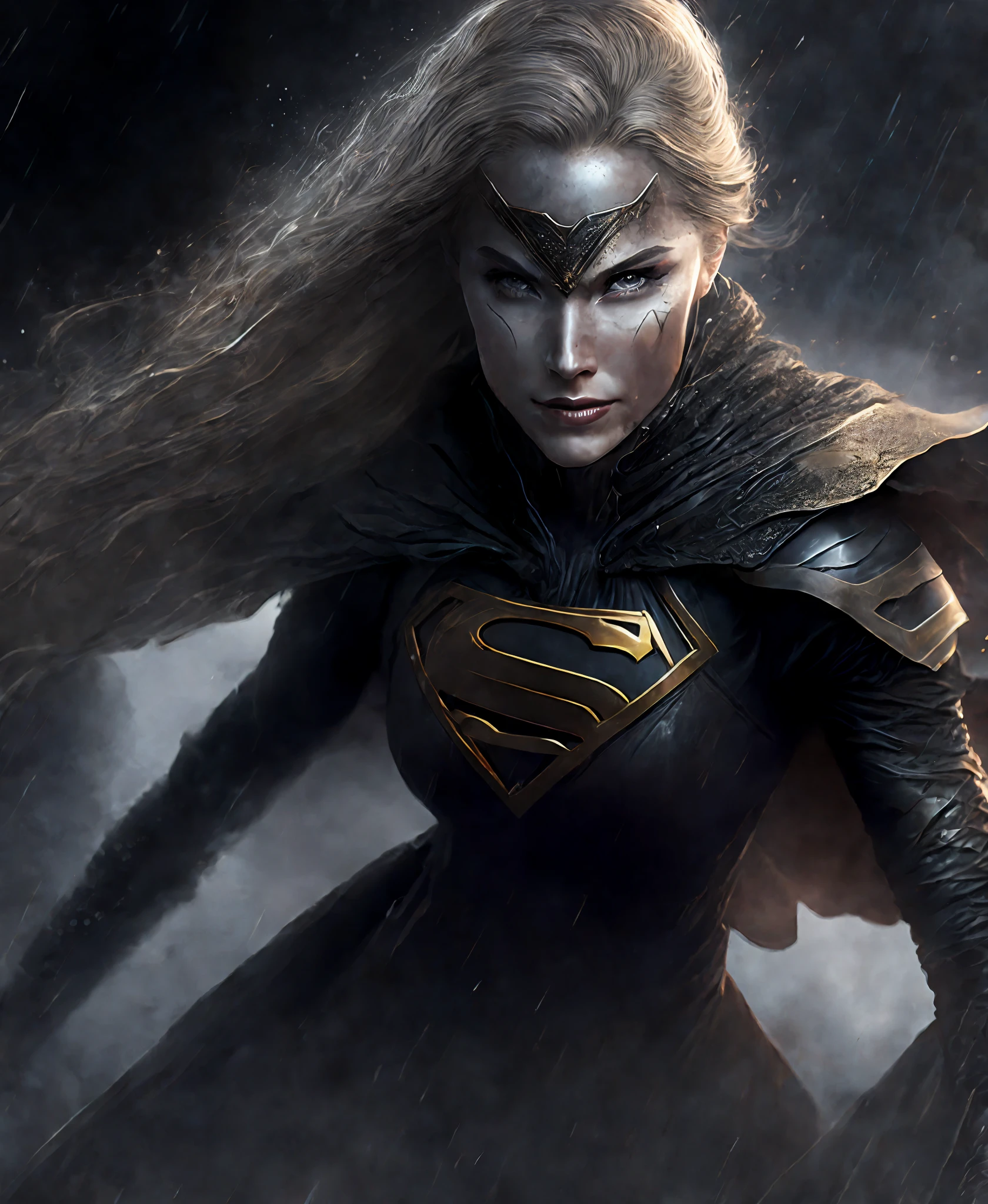 Close-up (Ghost Supergirl from DC in Viking style: 1.3) emerging from wet black mud, extremely detailed, smoke, sparks, metal shavings, flying debris, volumetric light