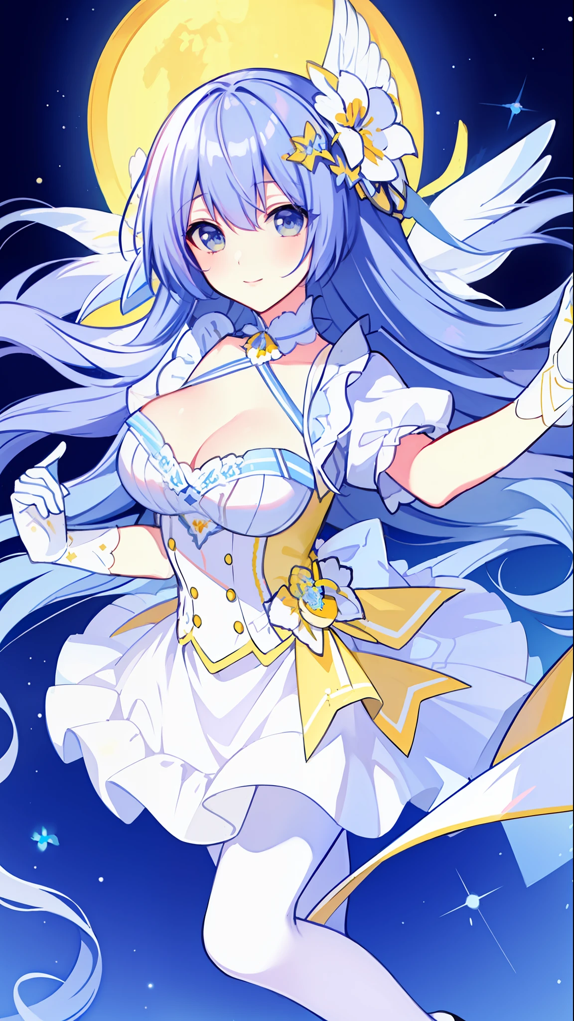 Left-facing, ((((Masterpiece)))), (((Best Quality))), (((Very Detailed))), Detailed Fingers, Illustration, 1 Girl, Solo, Long Sky Blue Hair, Violet Colored Eyes, Flower Hair Ornament, White Feather Hair Ornament, Yellow Moon Hair Ornament, Wide Open Chest, Large Breasts, Large White Ribbon at the Waist, Yellow Idol Dress, With White Flowers, Choker with Yellow Ribbon, White Gloves, White Tights, Yellow Shoes, MIKU, Royal Elegant Pose