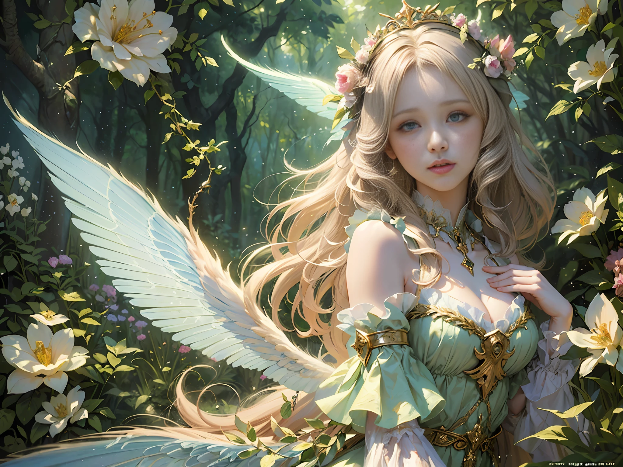 ((best quality)), ((masterpiece)), (detailed), (realistic),(official art),(extremely detailed CG unity 8k wallpaper), ethereal fairy descending from the heavens, (Pre-Raphaelite inspired:1.2), (mythical creature:1.1), (magical forest:1.3), (impressionist art style:1.2), soft rays of sunlight, delicate wings shimmering, (nature's elements:1.1), (enchanted atmosphere:1.2), blooming flowers in vibrant hues, (fantasy portrait:1.1), (digital illustration:1.2), 8k resolution