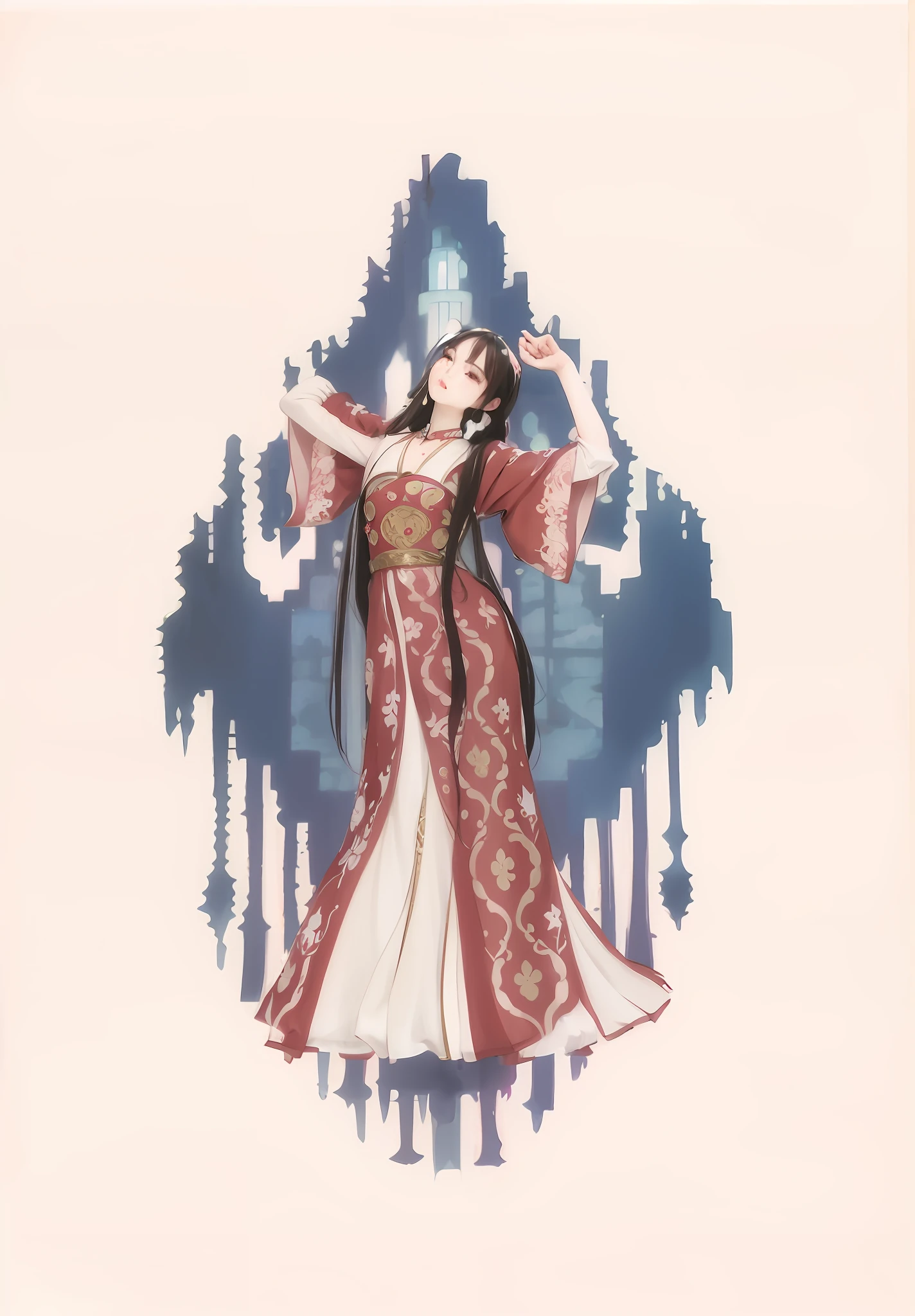 Arafad image of woman in red and white dress, princess of Kazakhstan, ((beautiful fantasy queen)), Korean Art Nouveau anime, beautiful fantasy queen, anime art nouveau, full body fairy, palace, girl in Hanbok, inspired by Toshisui Miyagawa, beautiful full body concept art, inspired by Lu Ji