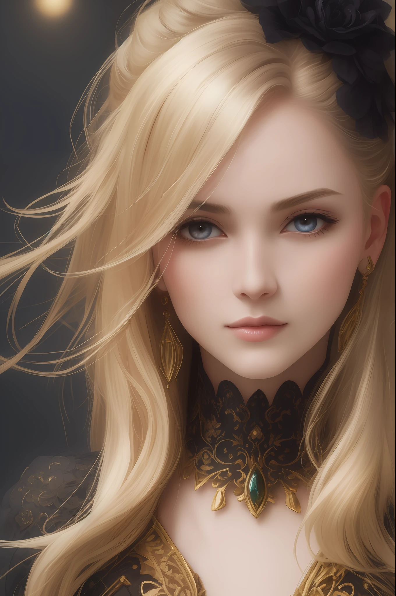 (8k, RAW Photo, Best Quality, Masterpiece: 1.2), Model Shot Style, (Dark Shot: 1.5), Charming Woman with Blonde Soft Hair, (Victorian Style: 1.2), Victorian Dress with Fine Details, Long Curly Hair, Dramatic pose, (soft warm skin with wax effect: 1.3), soft, (shiny lips and nose tip with bright small glare: 1.4), (bright highlights: 1.6), detailed eyes, (soft volumetric light: 1.5), (subsurface scattering: 1.5), wax, (night light: 1.6), global illumination, Soft Shadows, (dark background with cool lighting: 1.0), bokeh, Charlie Bowater, stanley artgerm lau, a detailed painting, fantasy art, artstation , trends on Artstation, art like midjourney and Rutkowski, super detailed, crazy details, intricate details, (oil painting: 1.5), (digital art: 1.5), glare on the cornea, Round Pupils, Refraction, Screen Space Reflections, Screen Space Ambient Occlusion, (HDR: 1.4), Full Body Shot, (Gold Jewelry with Amber Gems: 1.1)