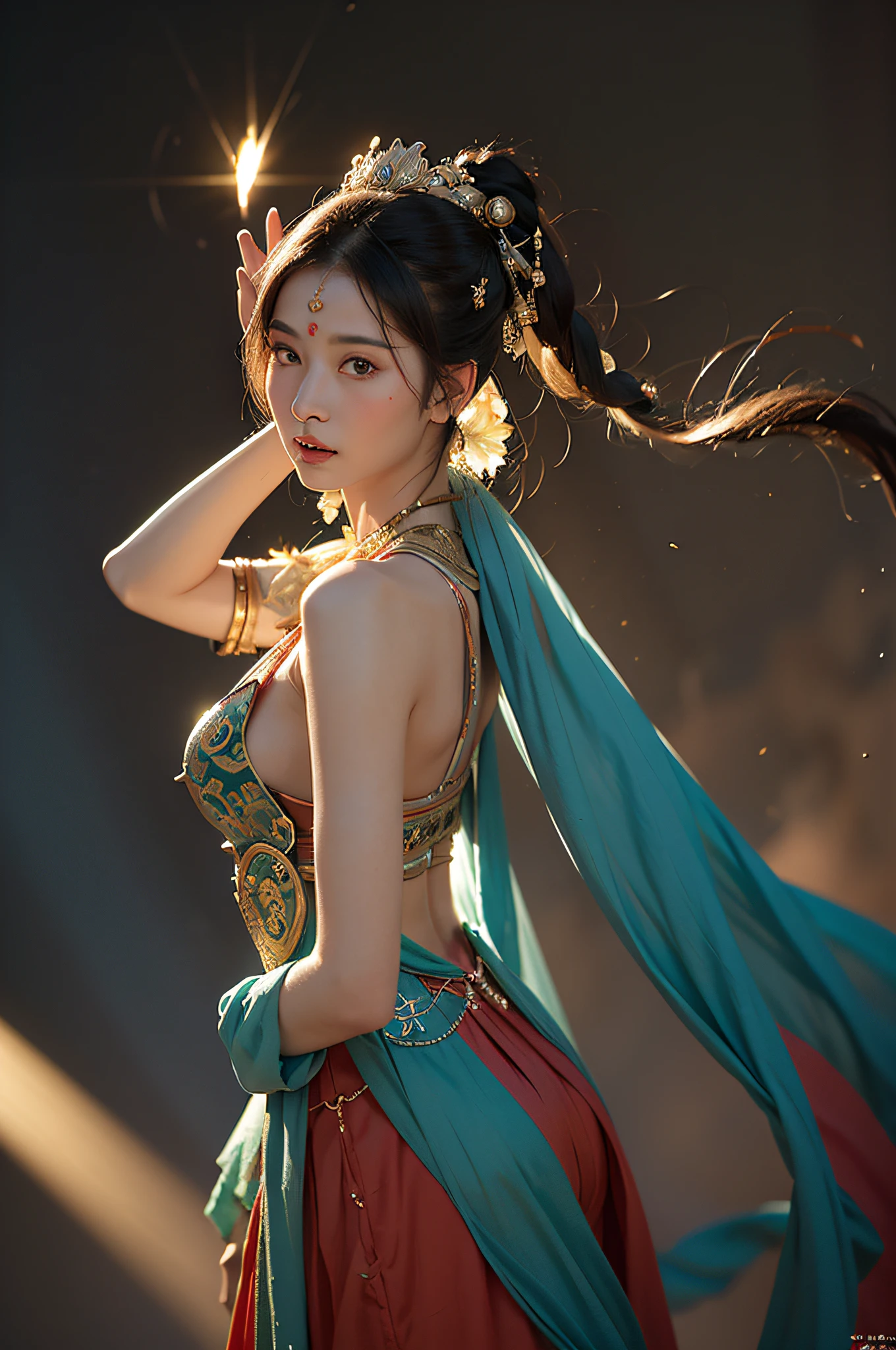 1girl, Dunhuang Flying Apsaras costume, messy long hair, Ji Jian, Dunhuang style, a lot of smoke, superb, elegant colors, (realistic, high detail, masterpiece, super detailed, dynamic angle, mural background, ink wash, amazing, movie lighting, illustration, chiaroscuro, backlighting, god rays, holland, best quality, best quality