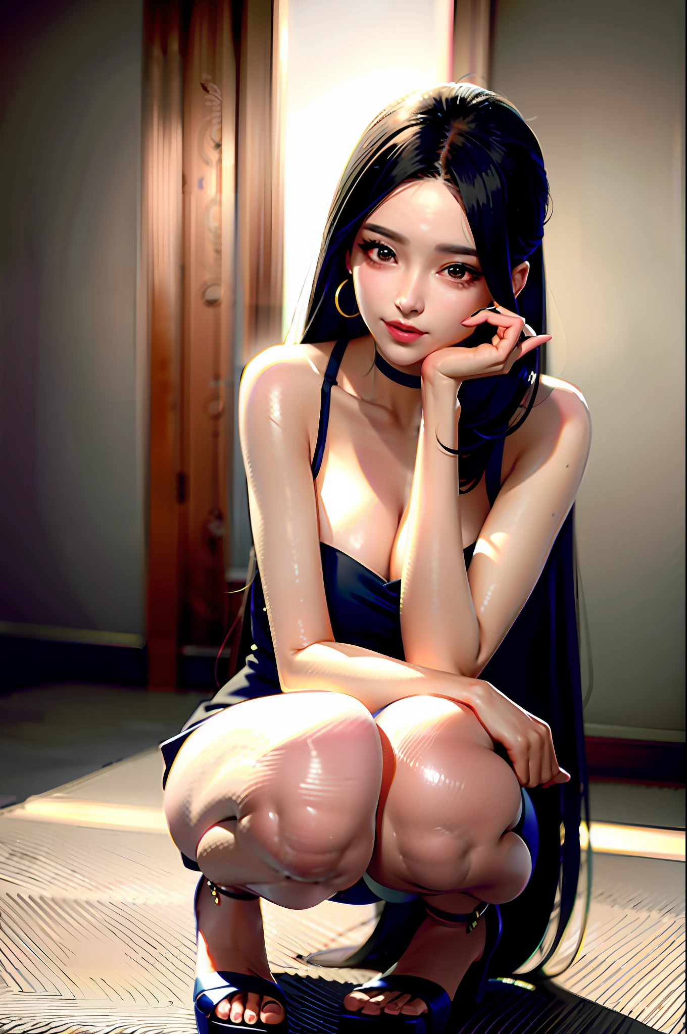 finger crossing, pose, delicate and masterpiece, beautiful details, colorful, fine details, detailed lips, intricate details, (1 woman: 1.1), (gorgeous and beautiful 30 year old sexyrean woman: 1.1), (KPOP idol, Korean mixed), (tied hair: 1.1), (50mm Sigma f/1.4 Zeiss lens, f1.4, 1/800s, ISO 100, photo: 1.1), big breorealistic: 1.1), Solo, looking_at_viewer, Tall Woman, , Happy Smile, from_front, Earrings, slim_legs, Skinny, thigh_gap, Model, Lens Flare, Choker, (Hanbok + See-Through Silhouette, Wedge Heel: 1.3), Korean Commentary, korean_street, korean_traditional_house, 1 boy, , squatting cowgirl,, gonzo,