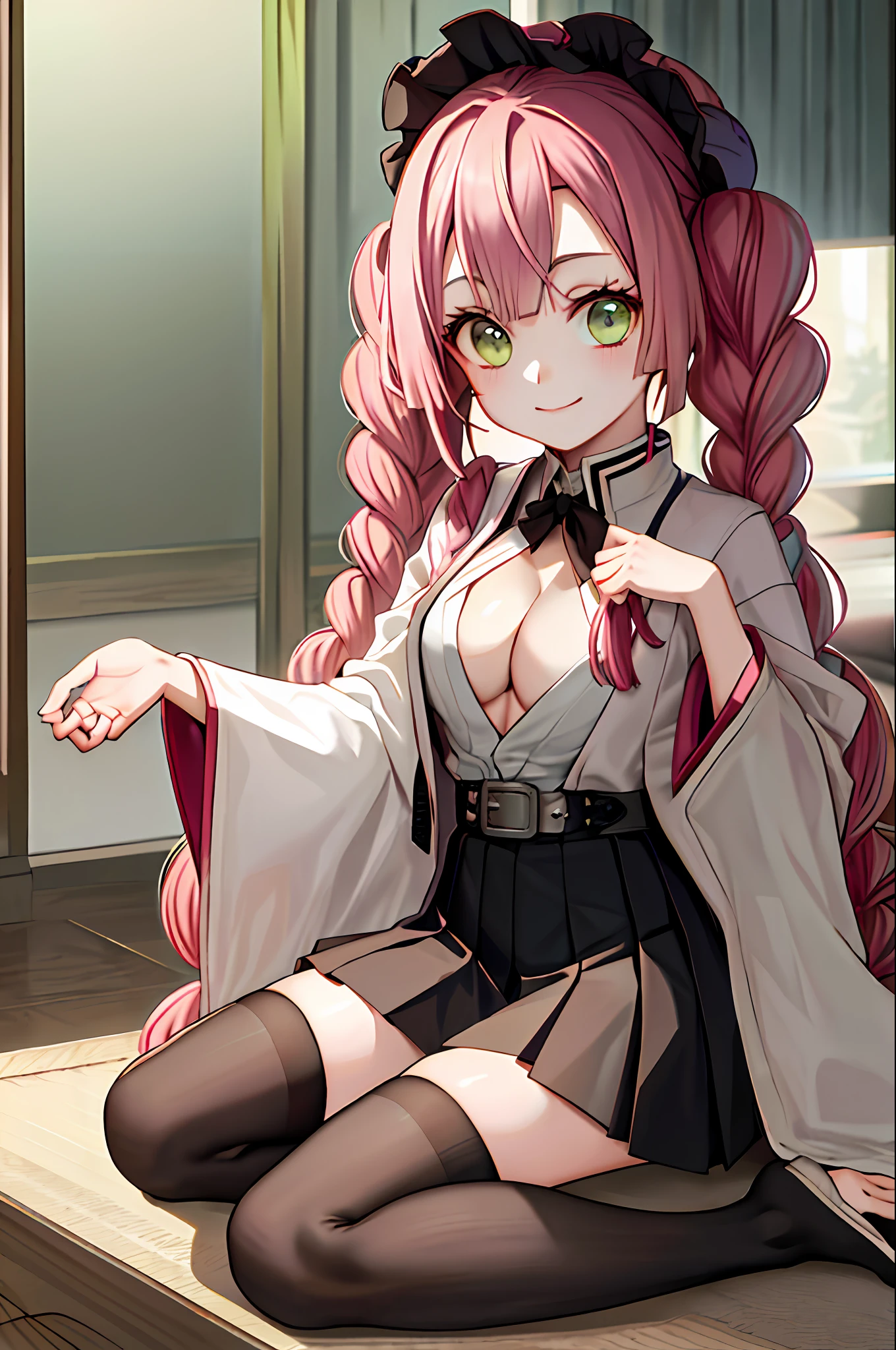 masterpiece, best quality, ultra-detailed, Potrait of beautiful MitsuruDS, solo, demon_slayer_uniform, smile, long_sleeves, looking_at_viewer, japanese_clothes, breasts, haori, cleavage, closed_mouth, jacket, large_breasts, open_clothes, skirt, belt, black_skirt, pleated_skirt, thighhighs, green_thighhighs, zettai_ryouiki, volumetric lighting, best quality, masterpiece, intricate details, tonemapping, sharp focus, hyper detailed, trending on Artstation, pink hair with greeb bottom hair, pink hair, greeb bottom hair, kimetsu no yaiba,