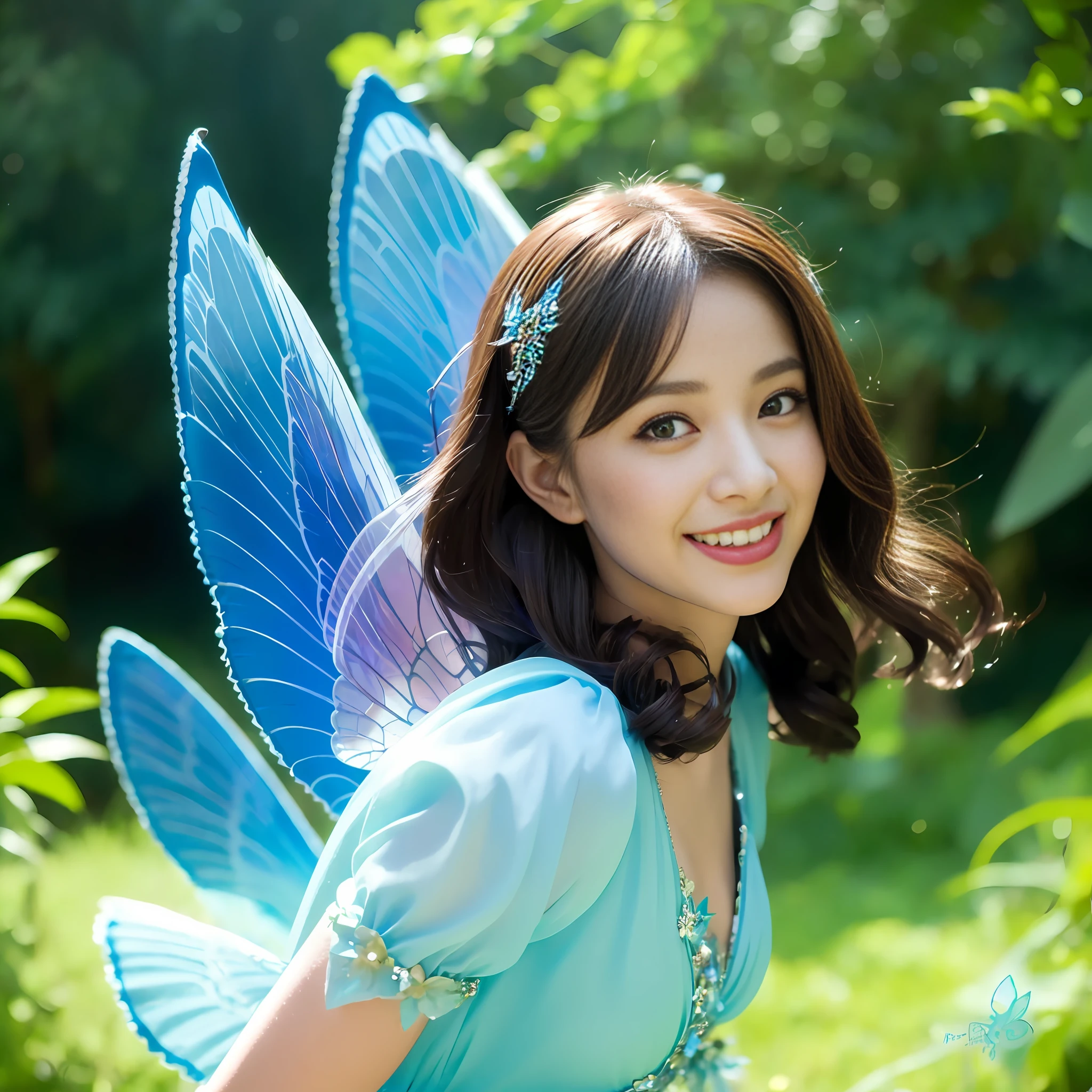 araffe fairy in a blue dress posing for a picture, smiling as a queen of fairies, fairy, beautiful fairy, beautiful adult fairy, with beautiful wings, portrait of a fairy, fairy look, faerie, beautiful adult book fairy, portrait of fairy, fairy wings, fairies have wings, young wan angel, with real wings, water fairy, fairies