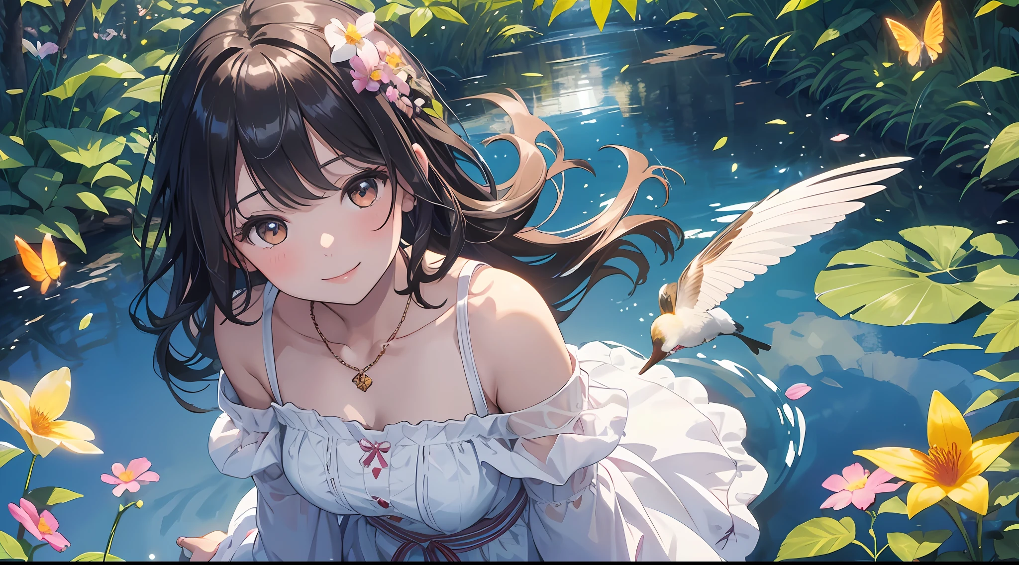 ((SFW))), Masterpiece, (High Quality), ((Photoreal)), (Cinematic Direction), (High Contrast), (Depth of Field: 1.3), (Award-winning Difference Photo: 1.1), (Face Detail), Detailed Drawing, There is a place in the forest where flowers bloom, Girl dancing in a snow-white summer dress in the flower field, Animals are jumping happily around the girl, Colorful little birds and butterflies flying around the girl, the girl is 11 years old, black hair very long hair, flower crown, full body figure, summer sky, summer clouds, summer dazzling sunlight, (flower garden), girl with open arms, dancing, necklace, smile, smile, happy, fun, girl looking up at the sky, deer, flapping duck, winged goose, hummingbird, European bulbul, kingfisher, European oruri, Butterfly, dazzling halo light, (dazzling glow: .1.4, (glow: 1.3), backlit, (colorful petals soaring in the wind: 1.4), strong wind