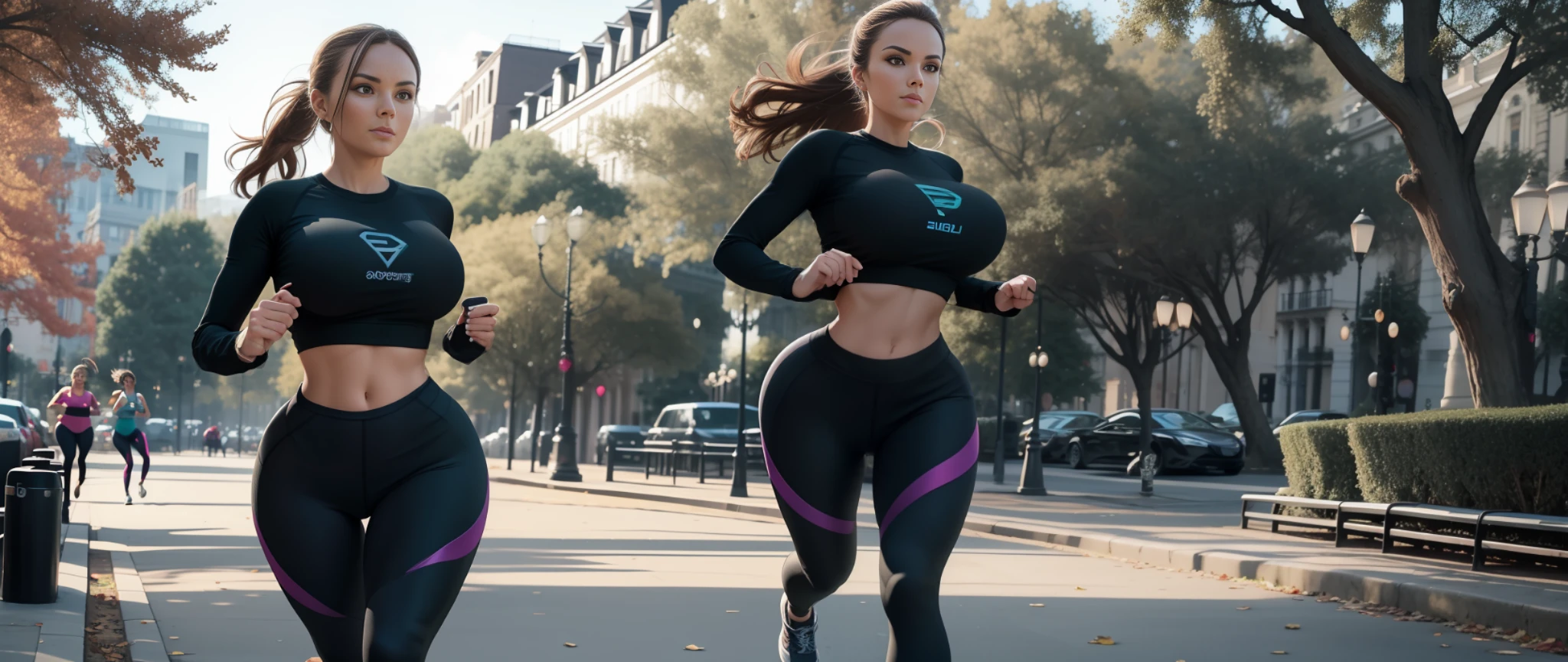 30 year old girl in tight leggings, tight top, super tight top, super tight leggings, beautiful leggings, running through a beautiful park, 8K, 4K, HDR