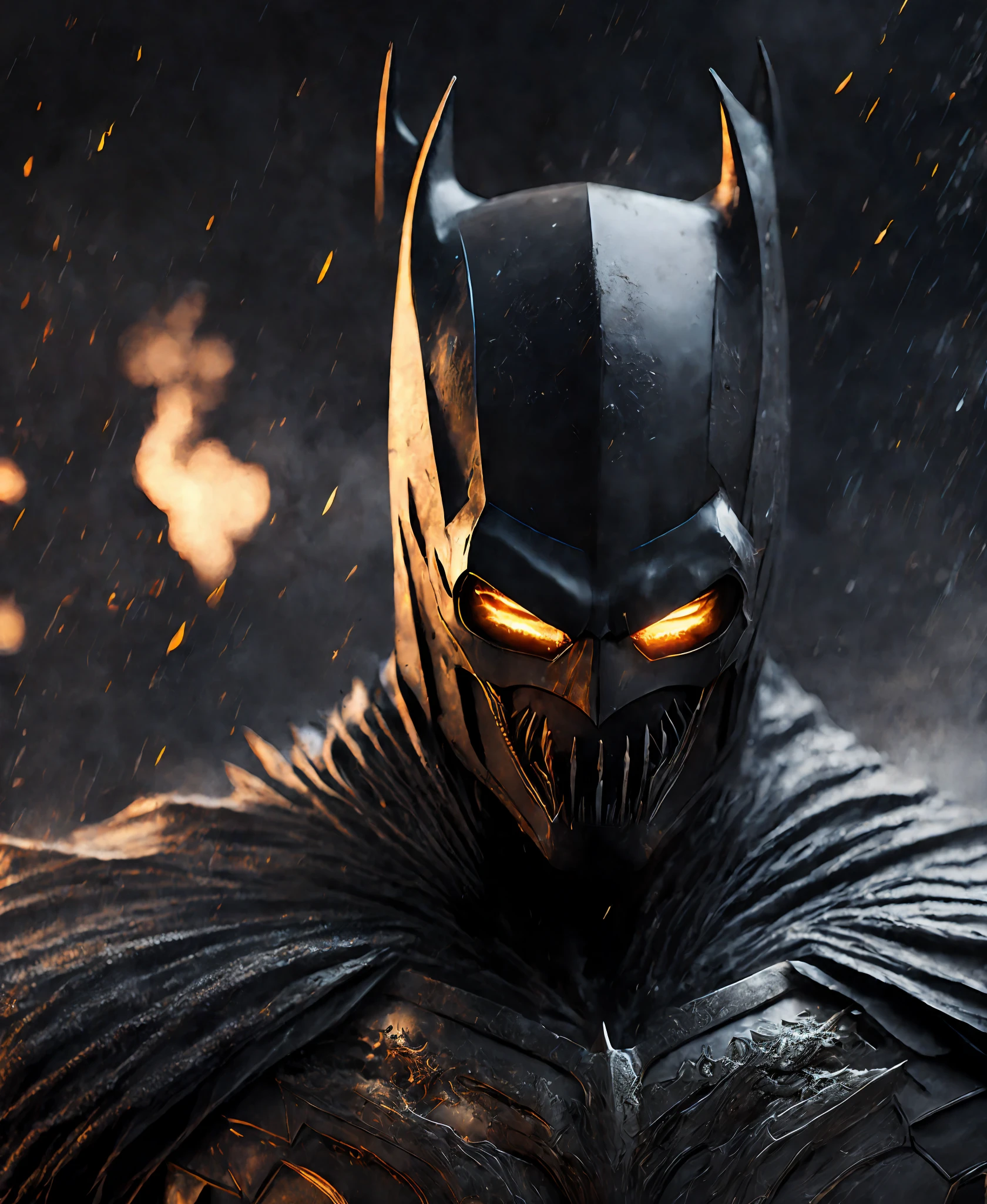 Close-up (Ghost Rider Batman from DC in Viking style: 1.3) emerging from wet black mud, extremely detailed, smoke, sparks, metal shavings, flying debris, volumetric light