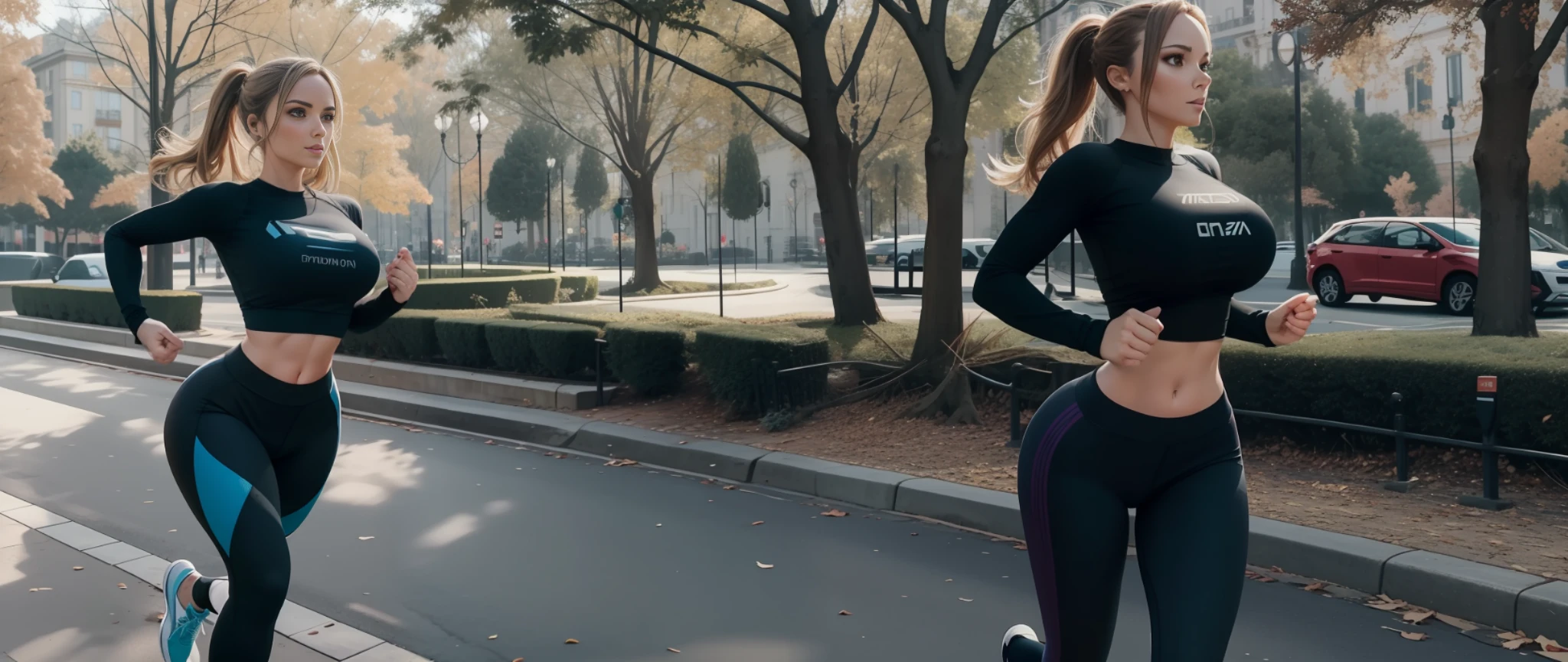 30 year old girl in tight leggings, tight top, super tight top, super tight leggings, beautiful leggings, running through a beautiful park, 8K, 4K, HDR