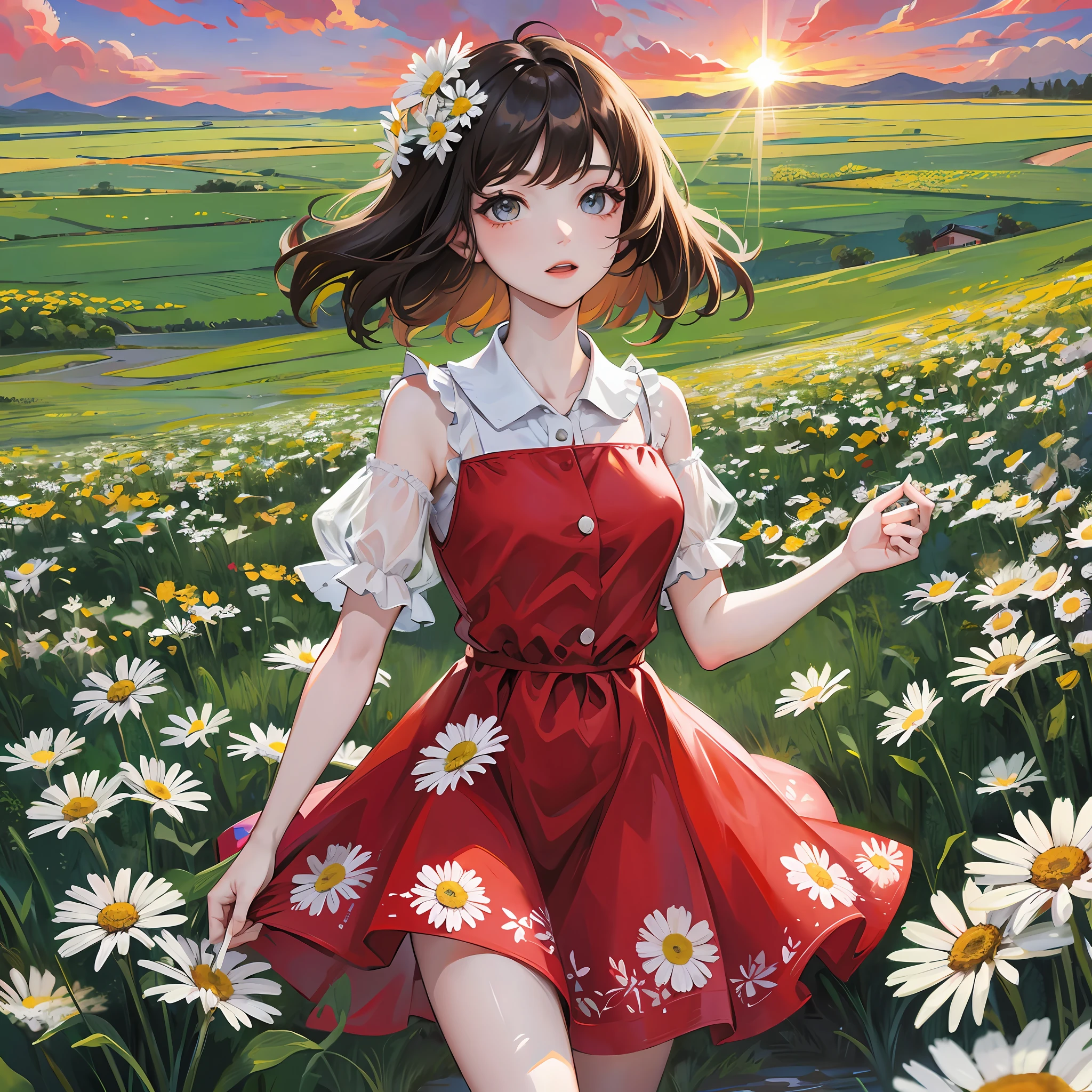 Girl in daisies, girl dancing, short haircut, skinny legs, field of daisies, red dress, sun, blue clouds --auto --s2