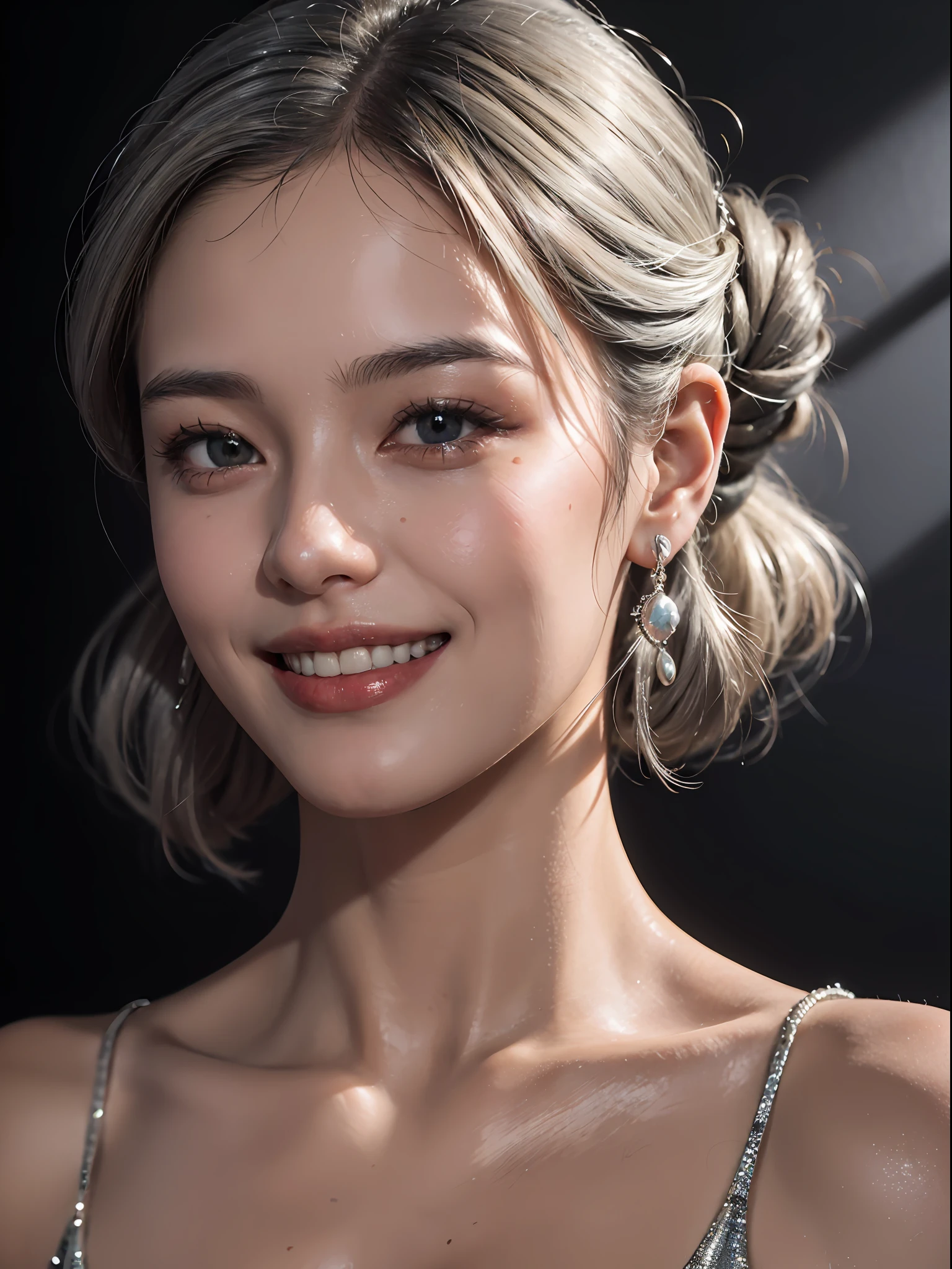 Best quality, masterpiece, ultra high res, (photorealistic:1.4), raw photo, 1girl, silver hair,  Formal Updo,shiny skin, dramatic lighting,(smile:1.2)