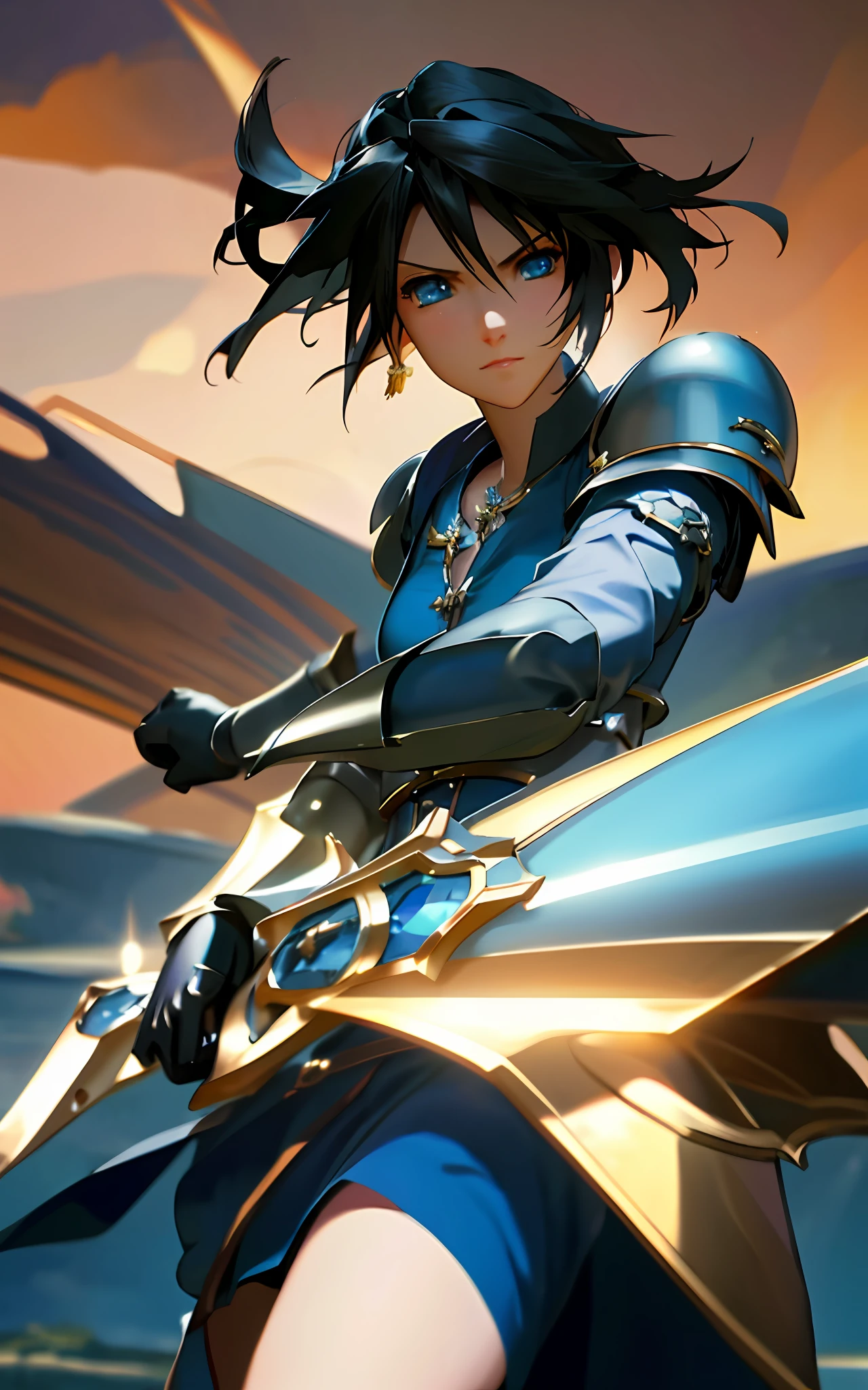 rinoa, blue dress armor, full gauntlets, dark blue full armor, dark fantasy, hair blowing in the wind, incomparable masterpiece, 8k uhd, perfect art, beautiful face, beautiful eyes, precise hands, dramatic lighting, ray tracing, symmetrical eyes