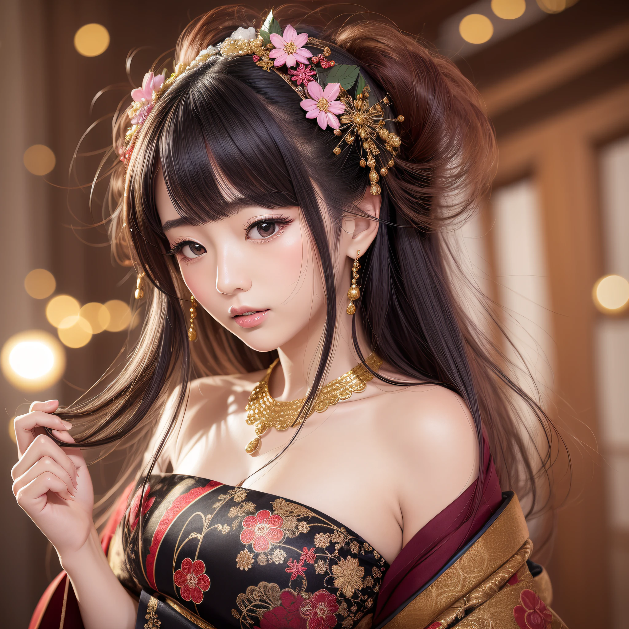 Japan traditional costume, luxurious, festive night, fluttering hair, fancy decoration, shoulder exposure
