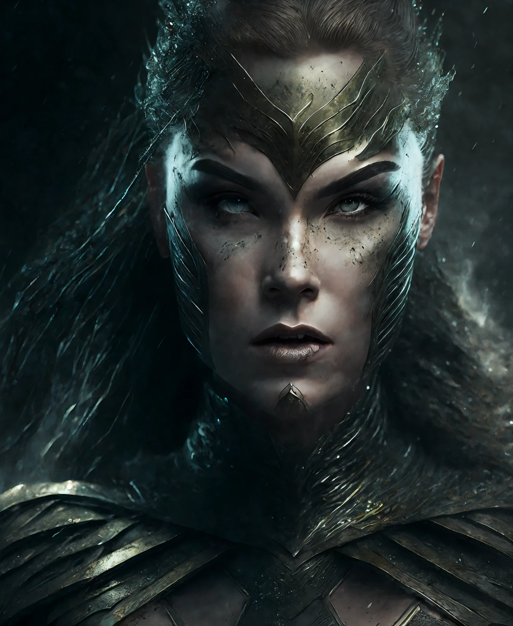 Close-up (Woman dressed as Aquaman from DC in Viking style: 1.3) emerging from wet black mud, extremely detailed, smoke, sparks, metal shavings, flying debris, volumetric light