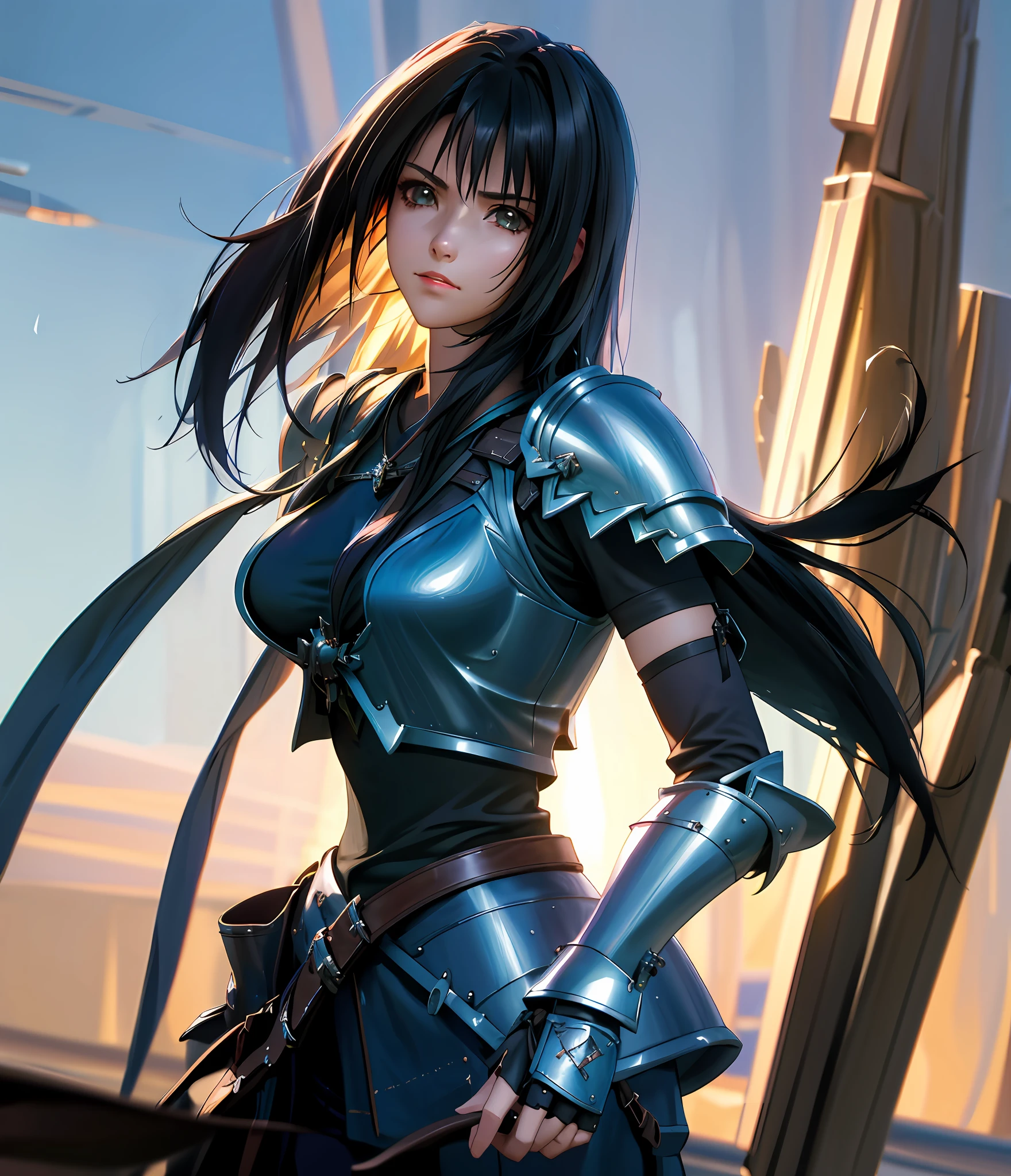 Rinoa, Blue Armor, Full Gauntlets, Dark Fantasy, Hair Blowing in the Wind, Unparalleled Masterpiece, 8K UHD, Perfect Art, Beautiful Face, Beautiful Eyes, Precise Hands, Dramatic Lighting, Ray Tracing