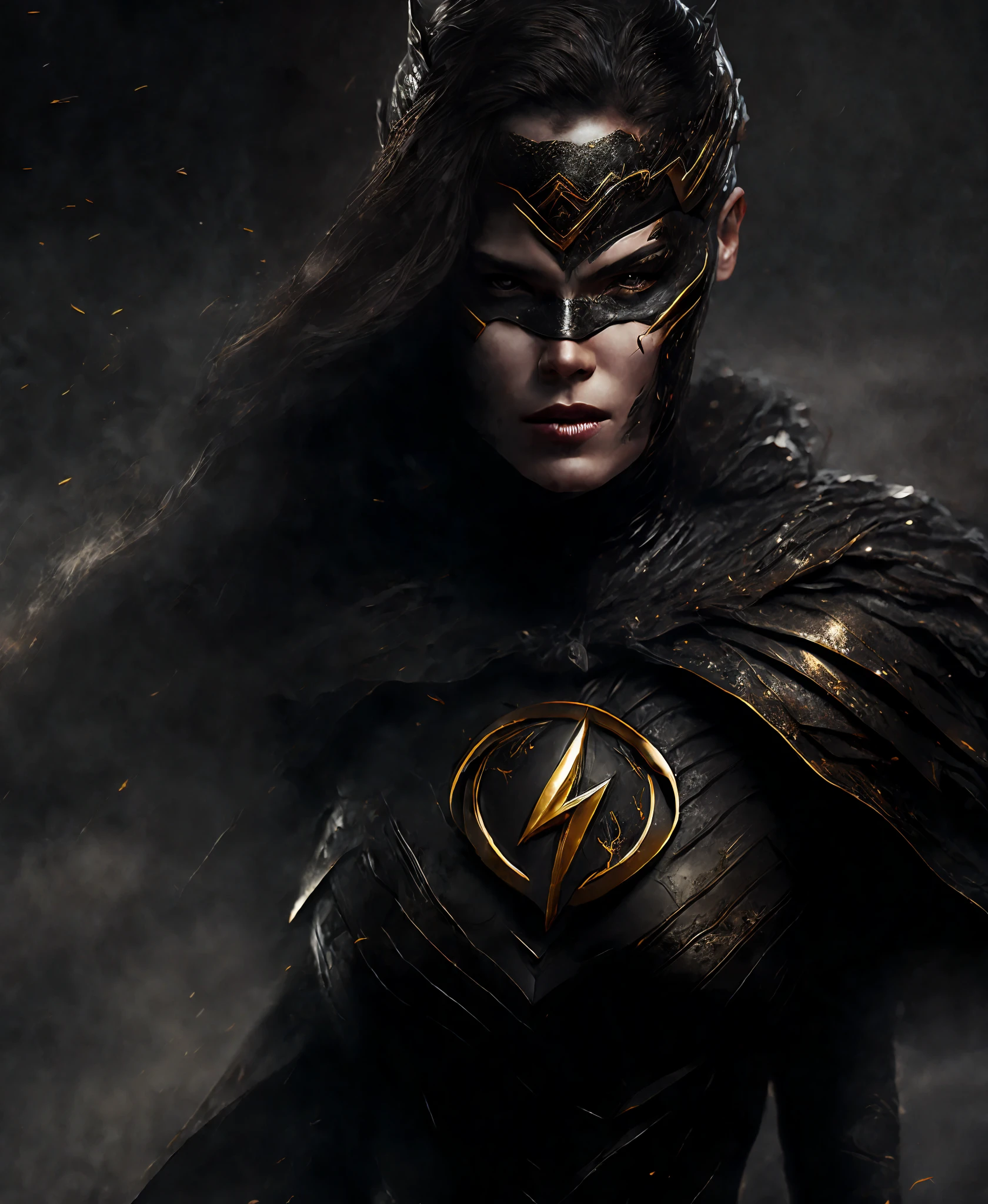 Close-up (Woman dressed as Black Flash from DC in Viking style: 1.3) emerging from wet black mud, extremely detailed, smoke, sparks, metal shavings, flying debris, volumetric light