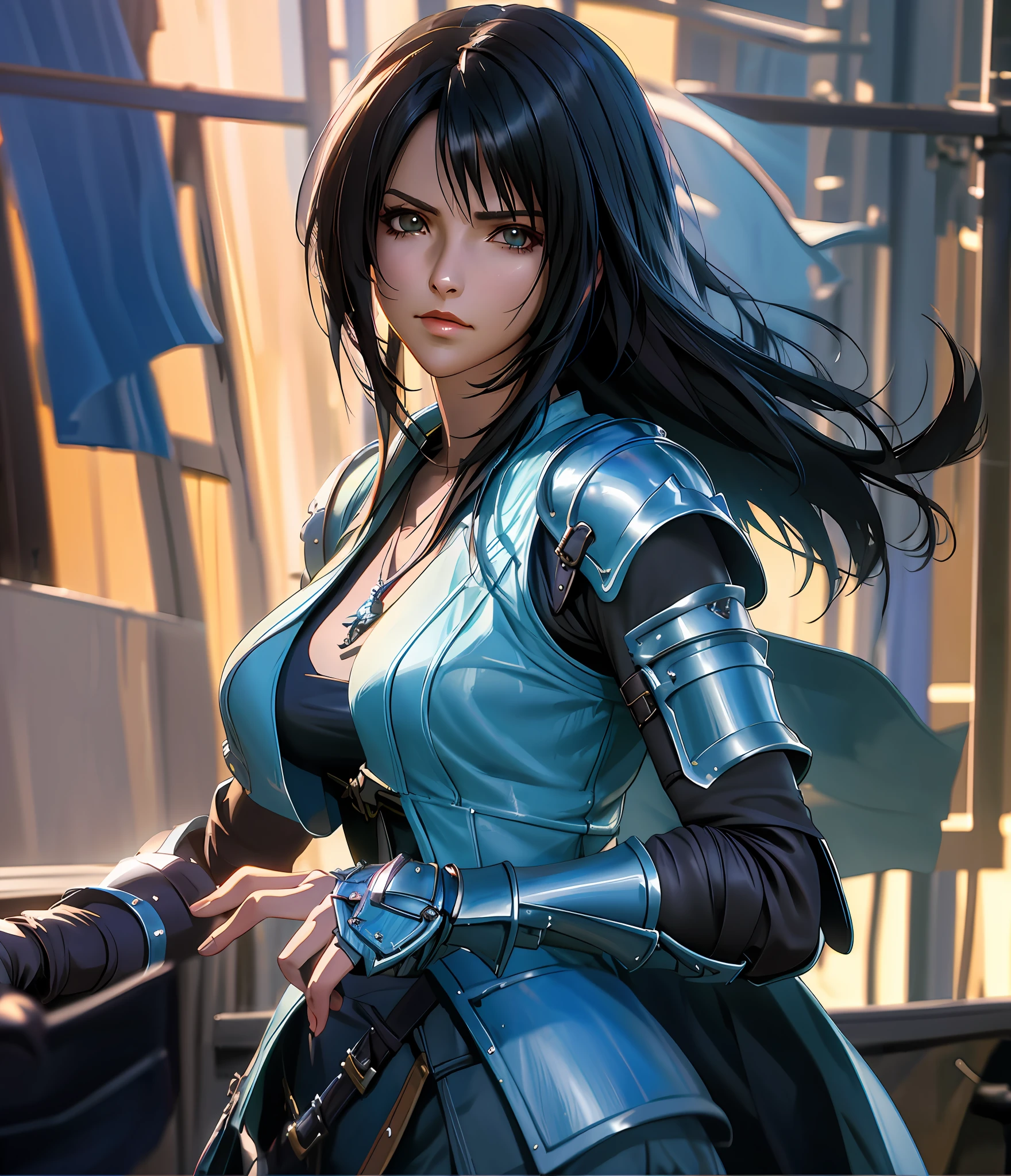 Rinoa, Blue Armor, Full Gauntlets, Dark Fantasy, Hair Blowing in the Wind, Unparalleled Masterpiece, 8K UHD, Perfect Art, Beautiful Face, Beautiful Eyes, Precise Hands, Dramatic Lighting, Ray Tracing