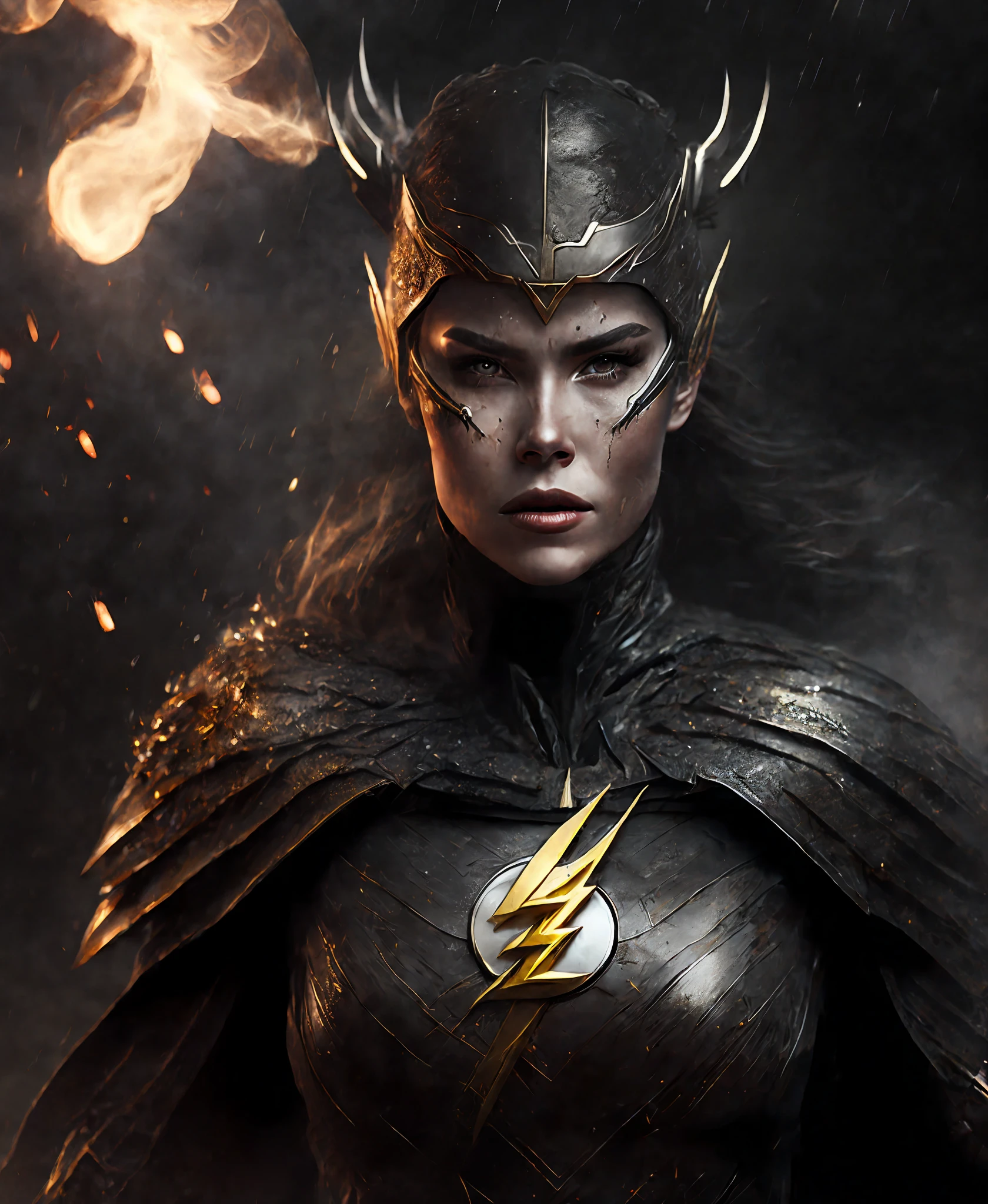Close-up (Woman dressed as Flash from DC in Viking style: 1.3) emerging from wet black mud, extremely detailed, smoke, sparks, metal shavings, flying debris, volumetric light
