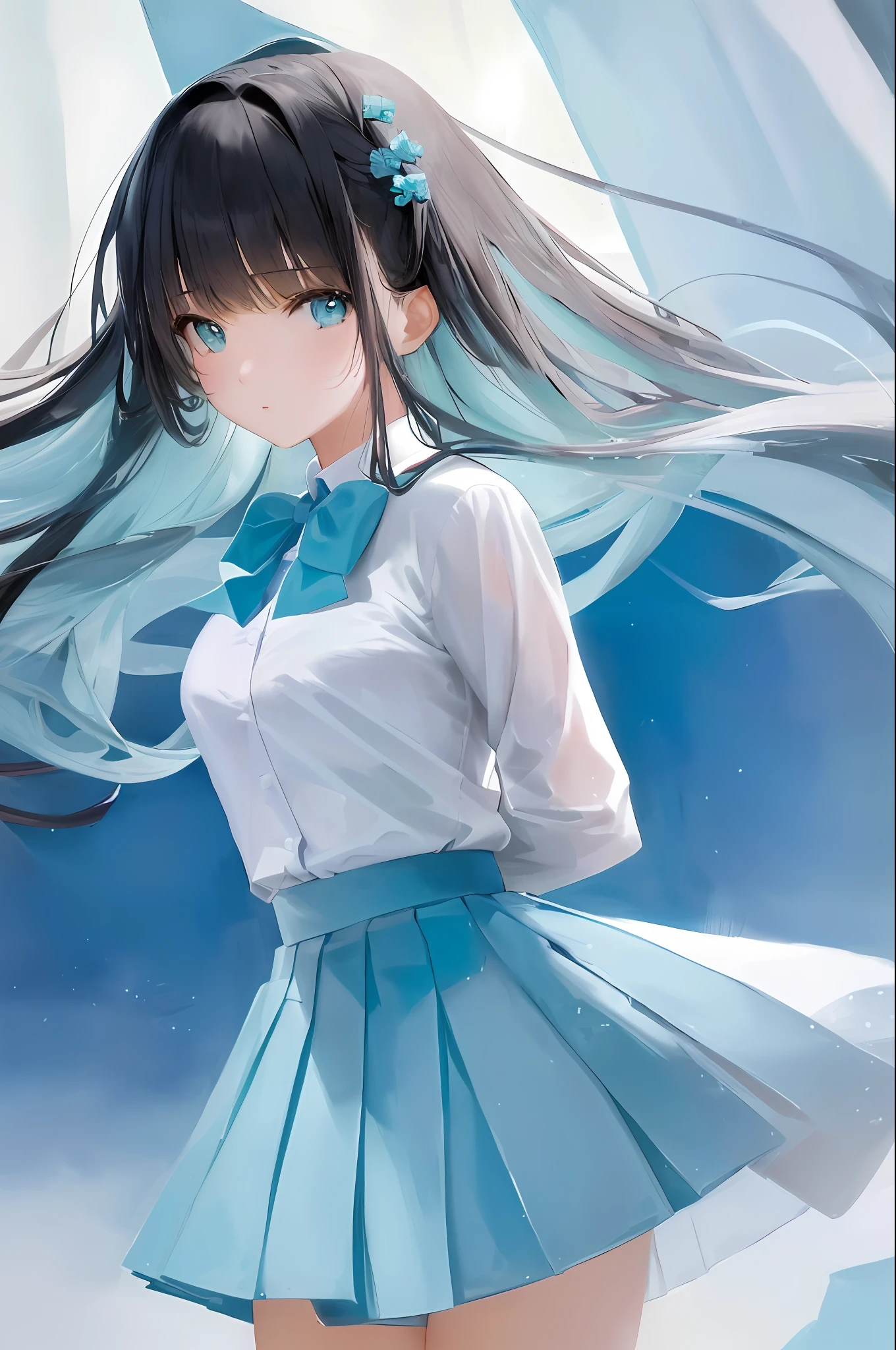 18_years_old girls, solo; beautiful face; JK suit, white shirt, turquoise bow, bow tie, turquoise skirt, very_short pleated_skirt, perfect female body, standing; Upper body, wide-angle lens.masterpiece, best quality, {high resolution}, extremely delicate beauty, realistic, ultra-high resolution, intricate details.
