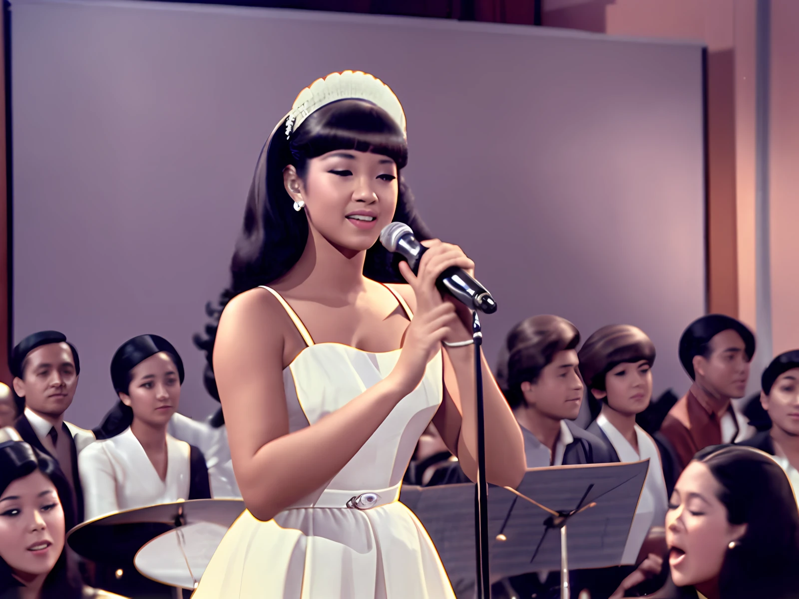 Photograph, take a picture of direct from TV screen, female singer singing on singing show, solo, early 1960s Japan, shoulderless dress, EXTREMELY delicate and beautiful, black long hair, brown eyes, gentle smile, 13 people male jazz band sitting and playing behind her, music stand with hidden knees in front of band members --auto --s2