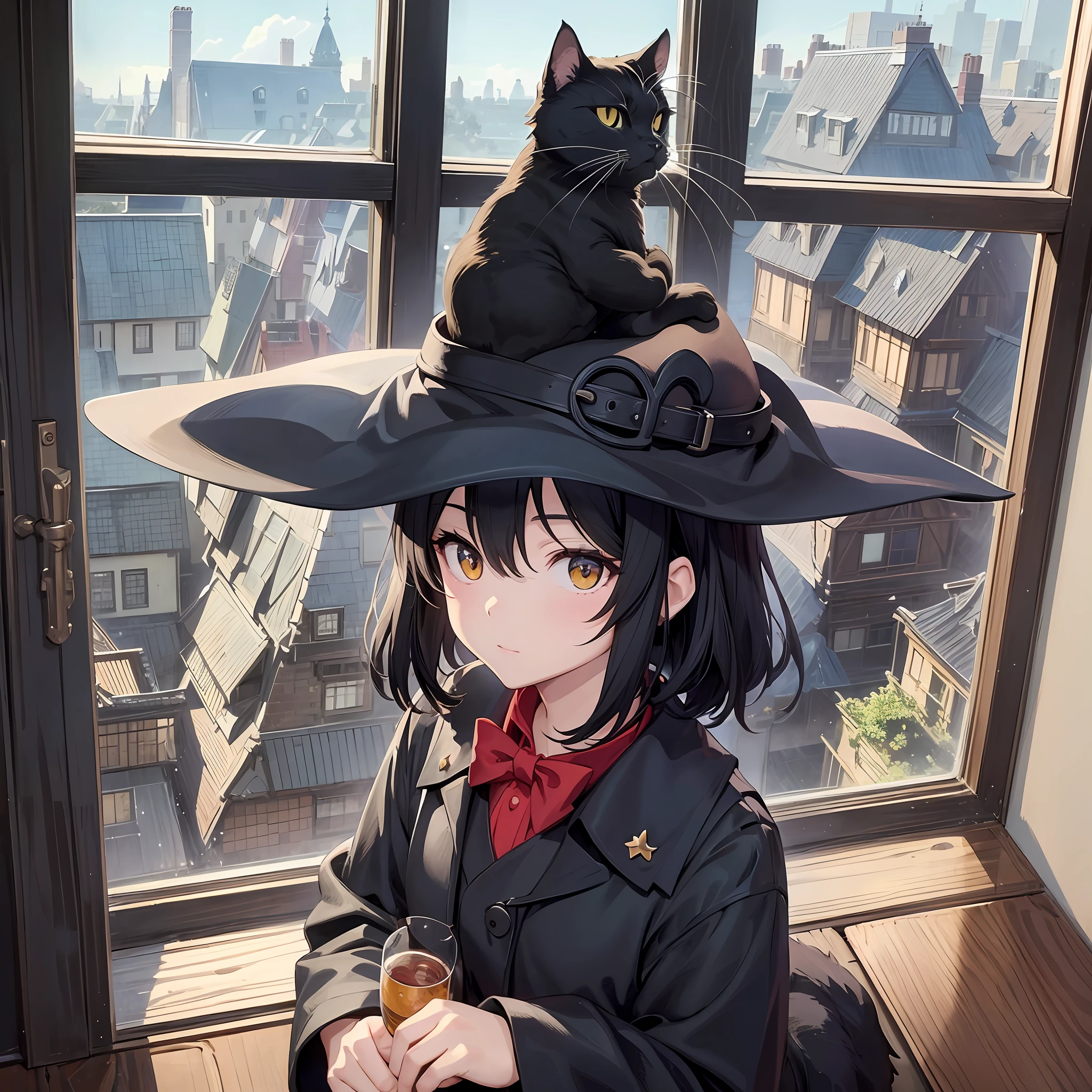 Black Cat, Ghibli, Giji, Witch's Delivery Service, One, By the Window, I Can See the Sky, Girl Wizard, Anime Style, Black Collar, Sunny --auto --s2