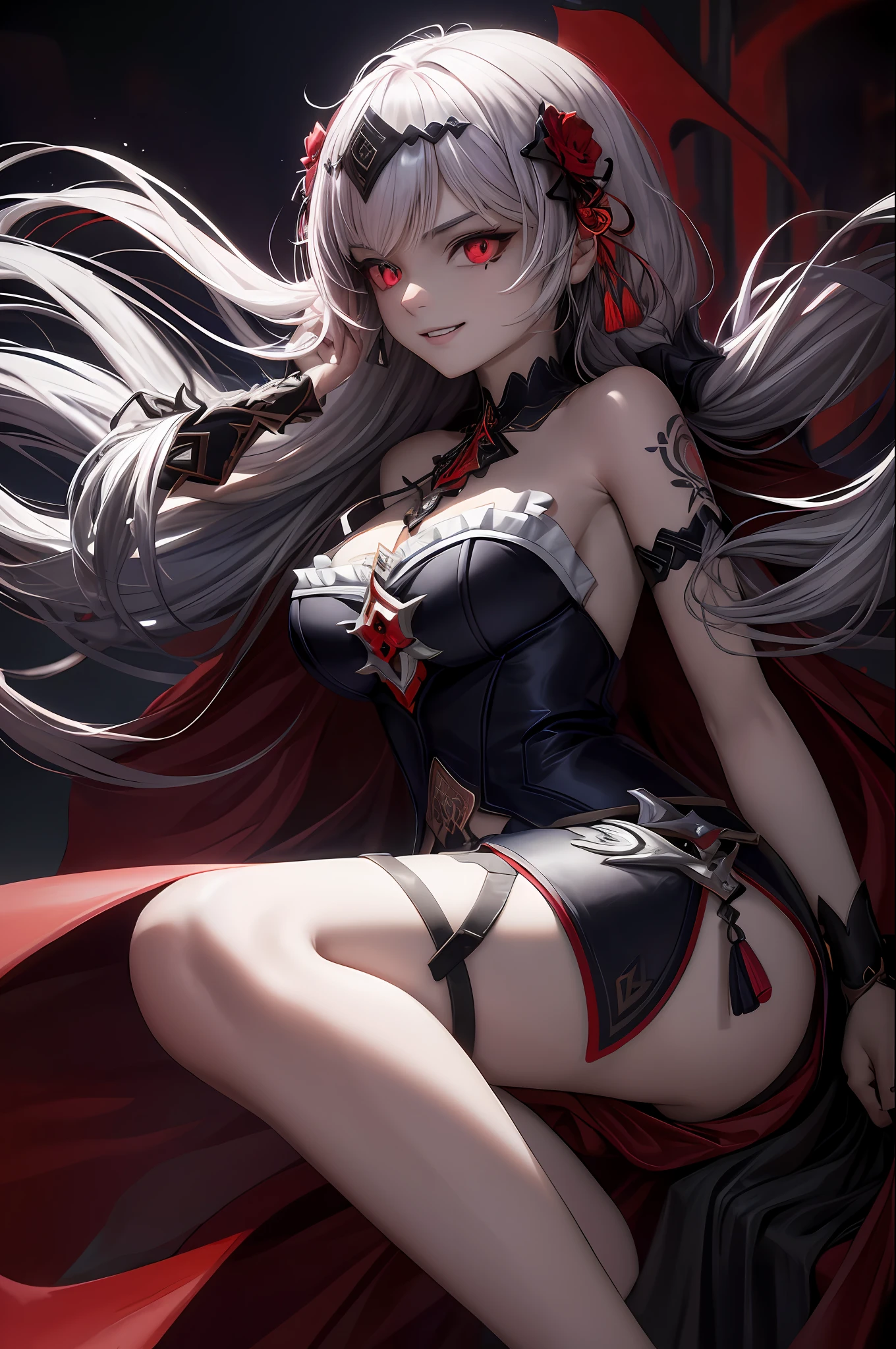 (Ashenhardt style:1.4), Masterpiece, Best quality, High quality,(Red eyes with dark red glow), (in profile), Abstraction, Deep Sea, Award-winning photography, Depth of field, HDR, Very detailed, Trending in art station, Trending in CGsociety, Complex, High detail,(Masterpiece: 1.2, highest quality), (Best lighting, very delicate and beautiful), (Best lighting, Very delicate and beautiful), (beautiful detailed face), (detailed eyes and detailed face:1.2), dark fantasy, (young girl, 1girl, solo, crazy smile, pale skin,G cup,cleavage,19 piercings,((tattoo all over body,tribal tattoo all over foot)) gray hair, red glowing eyes, dynamic angle, vampire), ((back Art paint on the ground, magic circle, graffiti on the wall)),(Get a demon to be summoned:1), ((in the Chinese streets)),(Magic circle to demon),Magic thunder, pointy_ears, Fangs,Blood on face,Blood rain,Blood mist,(Depth of field),High contrast,(Blood splash: 1.4),Cowboy shot,Full body,,Shorts,Jacket,Shirt,Shorts,Cowboy Shots,Denim Jackets,