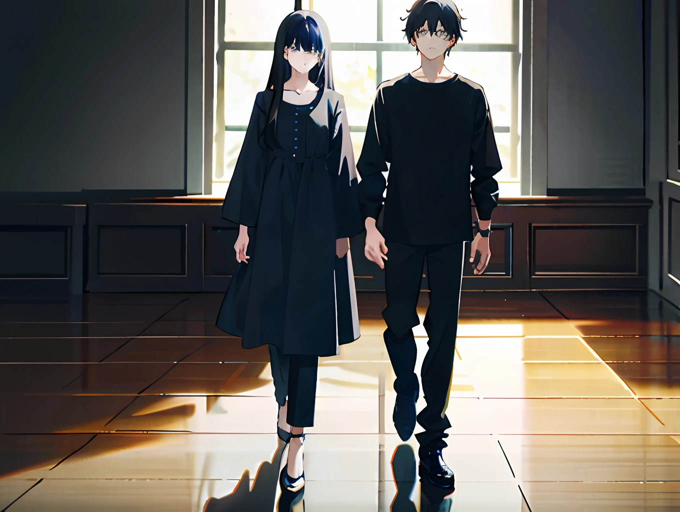 fashion trends on artstation, 8k resolution, very detailed, anatomically correct, clear images, digital painting, concept art, fashion trends on pixiv, Makoto Shinkai style, there is a boy and a girl in the room, the boy is bangs black hair black shirt blue eyes hair between the eyes messy hair, the girl is white long hair, wearing pajamas, boy and girl standing