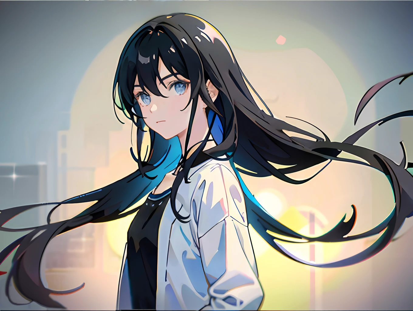 fashion trends on artstation, 8k resolution, very detailed, anatomically correct, clear images, digital painting, concept art, fashion trends on pixiv, Makoto Shinkai style, there is a boy and a girl in the room, the boy is bangs black hair black shirt blue eyes hair between the eyes messy hair, the girl is white long hair, wearing pajamas, boy and girl standing