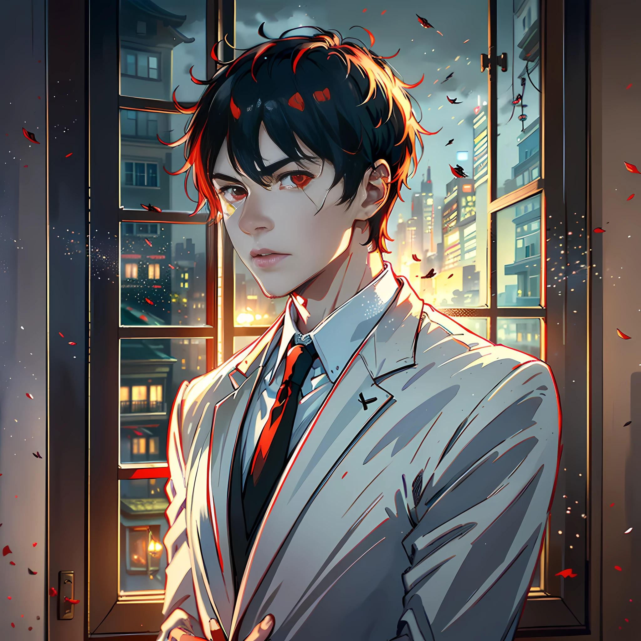 At night, by the window, Red Moon, a handsome boy, about to turn into a zombie, hands in front of him, hands super detail description, black short hair, white suit, red eyes, sides, face ultra-detailed, no blood, highly real, 4K, chiaroscuro, super high detail