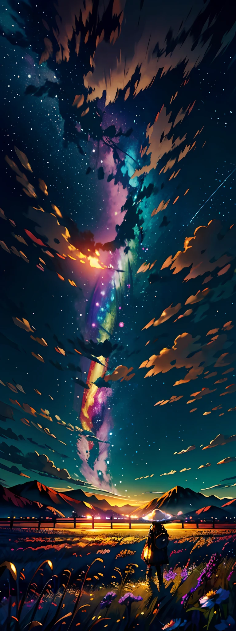 A wide landscape photo, (viewed from below, the sky is above, and the open field is below), a girl standing on a flower field looking up, (full moon: 1.2), (meteor: 0.9), (nebula: 1.3), distant mountains , Trees BREAK Crafting Art, (Warm Light: 1.2), (Firefly: 1.2), Lights, Lots of Purple and Orange, Intricate Details, Volumetric Lighting BREAK (Masterpiece: 1.2), (Best Quality), 4k, Ultra Detailed, (Dynamic Composition: 1.4), Rich in Detail and Color, (Rainbow Color: 1.2), (Glow, Atmospheric Lighting), Dreamy, Magical, (Solo: 1.2)