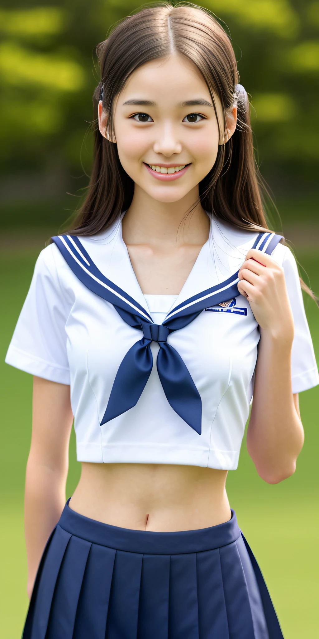 neat college girl, (school uniform, sailor uniform, ribbon tied at chest, summer uniform, upper body white, skirt is navy blue), outside the athletic field, (slim), photorealistic, detail, skin texture, ultra detail, delicate and sexy collarbone, smile, super detailed face, detailed lips, detailed eyes, double eyelids, small breasts, small breasts, small, flat breasts, breast emphasis
