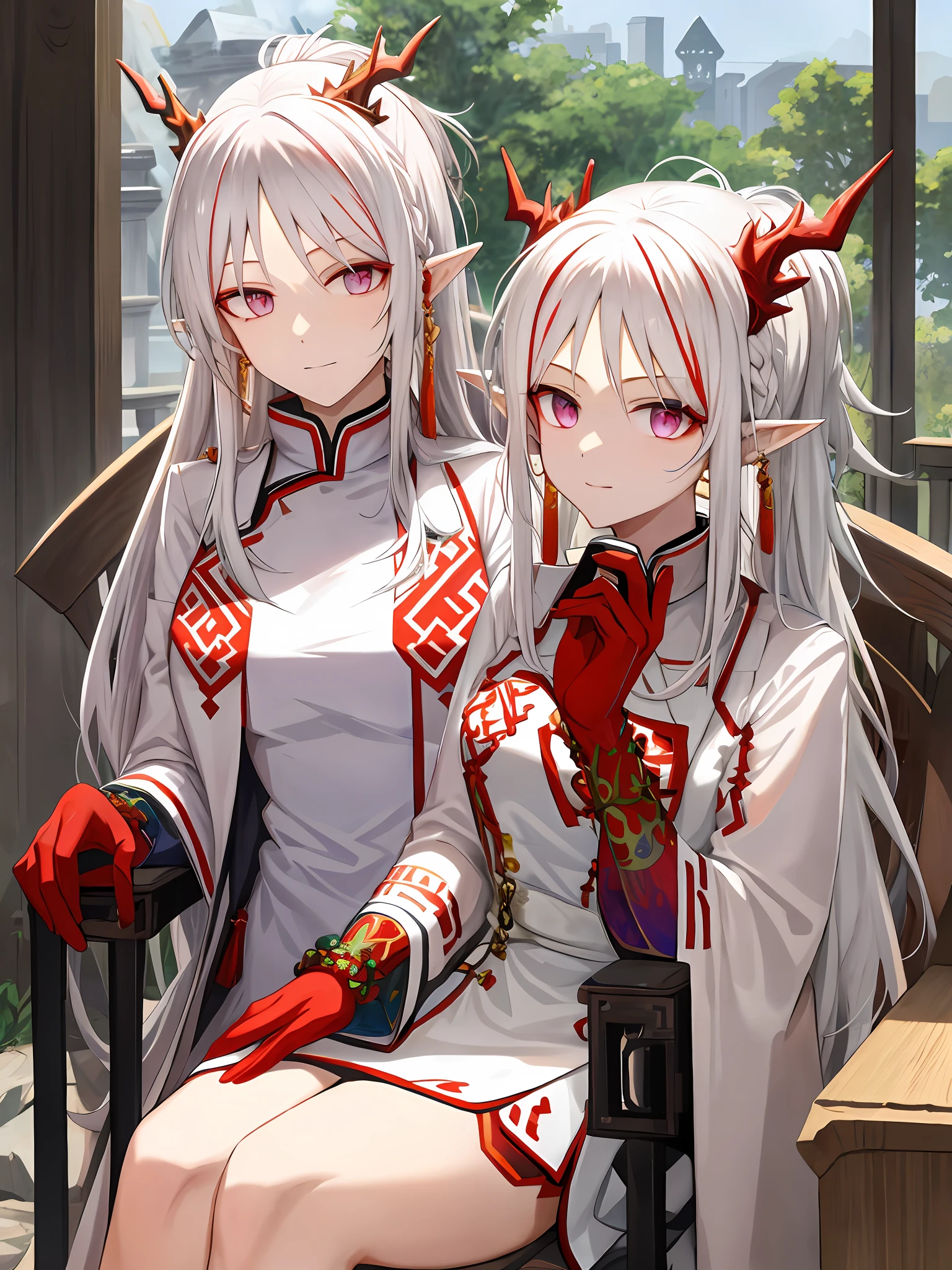 White hair, red eyes, royal sister, long hair, ancient style