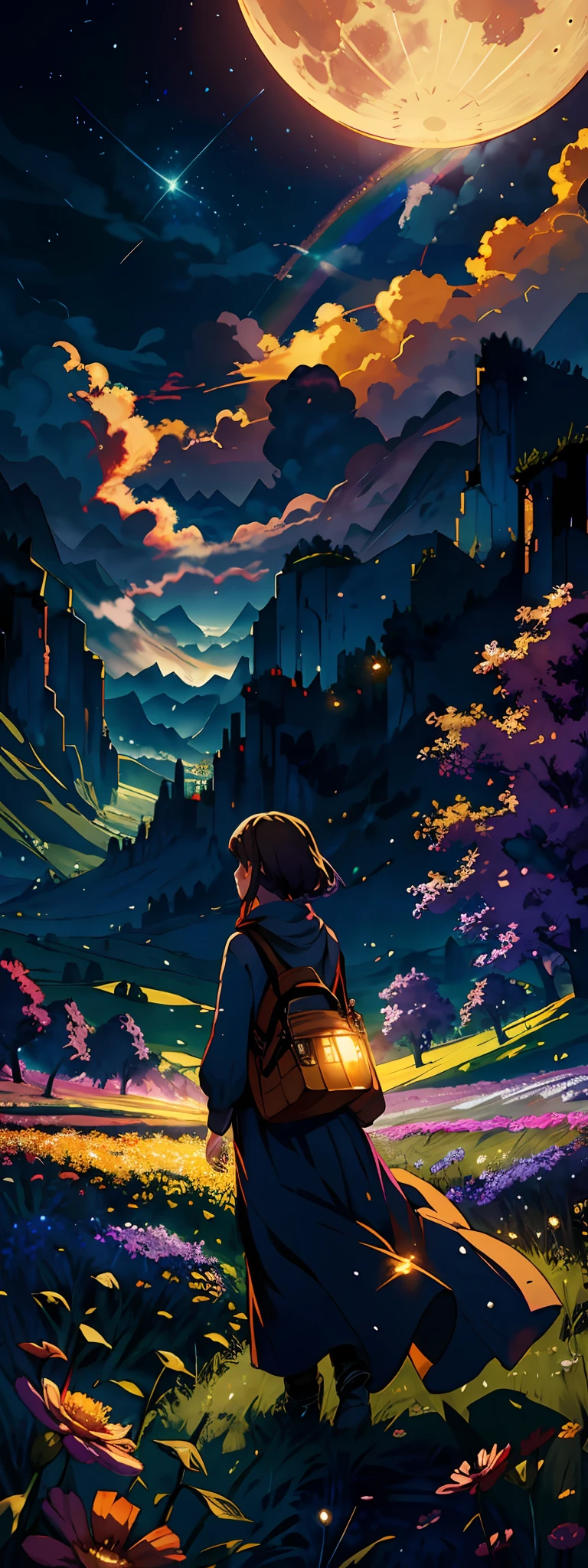 A wide landscape photo, (viewed from below, the sky is above, and the open field is below), a girl standing on a flower field looking up, (full moon: 1.2), (meteor: 0.9), (nebula: 1.3), distant mountains , Trees BREAK Crafting Art, (Warm Light: 1.2), (Firefly: 1.2), Lights, Lots of Purple and Orange, Intricate Details, Volumetric Lighting BREAK (Masterpiece: 1.2), (Best Quality), 4k, Ultra Detailed, (Dynamic Composition: 1.4), Rich in Detail and Color, (Rainbow Color: 1.2), (Glow, Atmospheric Lighting), Dreamy, Magical, (Solo: 1.2)