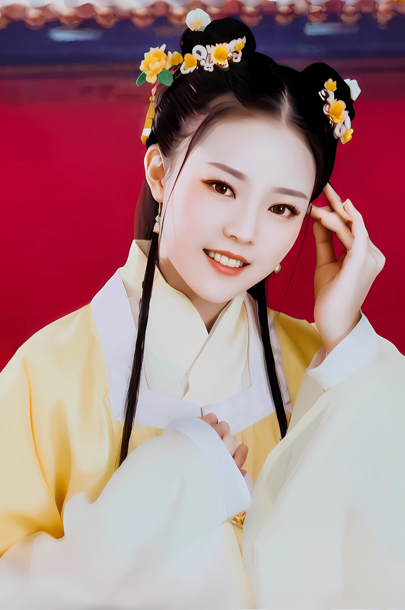 Yellow dress with flowers in hair, palace, Hanfu girl, wearing ancient Chinese costume, ancient Chinese beauty, black hair