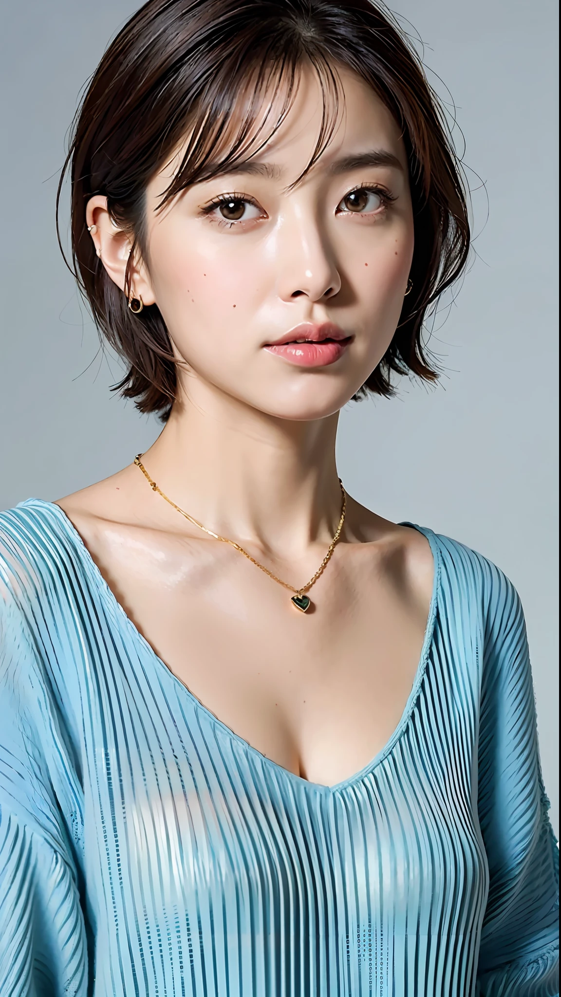 (Best Quality, 8k, 32k, Masterpiece, UHD: 1.2), Cute Japan Woman Pictures, Medium Breasts, Very Short Bob Hair, Upper Body, Face Focus, oversized_sweater, Necklace, Simple Background, From Above, Watch the Viewer,