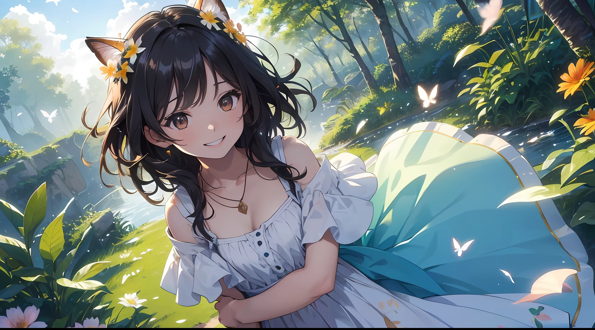 ((SFW))), Masterpiece, (High Quality), ((Photoreal)), (Cinematic Direction), (High Contrast), (Depth of Field: 1.3), (Award-winning Difference Photo: 1.1), (Face Detail), Detailed Drawing, There is a place in the forest where flowers bloom, Girl dancing in a snow-white summer dress in the flower field, Animals are jumping happily around the girl, Colorful little birds and butterflies flying around the girl,The girl is 10 years old, black hair very long hair, flower crown, full body figure, summer sky, summer clouds, summer dazzling sunlight, (flower garden), girl with open arms, dancing, necklace, (((smile)), smile, happy, fun, girl looking up at the sky, deer, flapping duck, flapping goose, hummingbird, European bulbul, kingfisher, European orli, butterfly, dazzling halo light, (dazzling glow: .1.4, (glow: 1.3), backlit, (colorful petals soar in the wind: 1.4), strong wind, showing teeth,