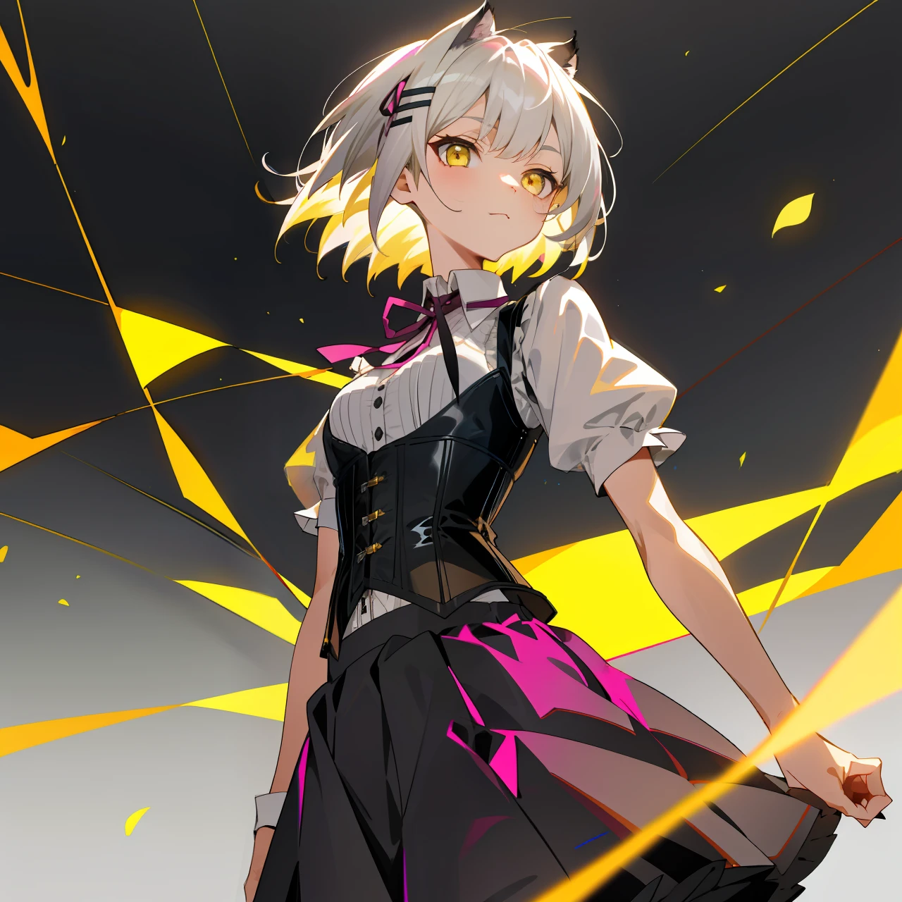 Girls, gray-haired, short-haired, yellow-eyed, small breasts, cat hair ornament, sidelocks, gray-haired, shiny hair, uniform, (golden eyes: 1.2), (two long triangular extensions on the skirt, vest corset on the stomach), white buttons of the vest corset, (stripped shirt with short sleeves under the vest corset), (sleeves ends closer to the arms), (thick ribbon of black color on the neck), ( short magenta skirt),